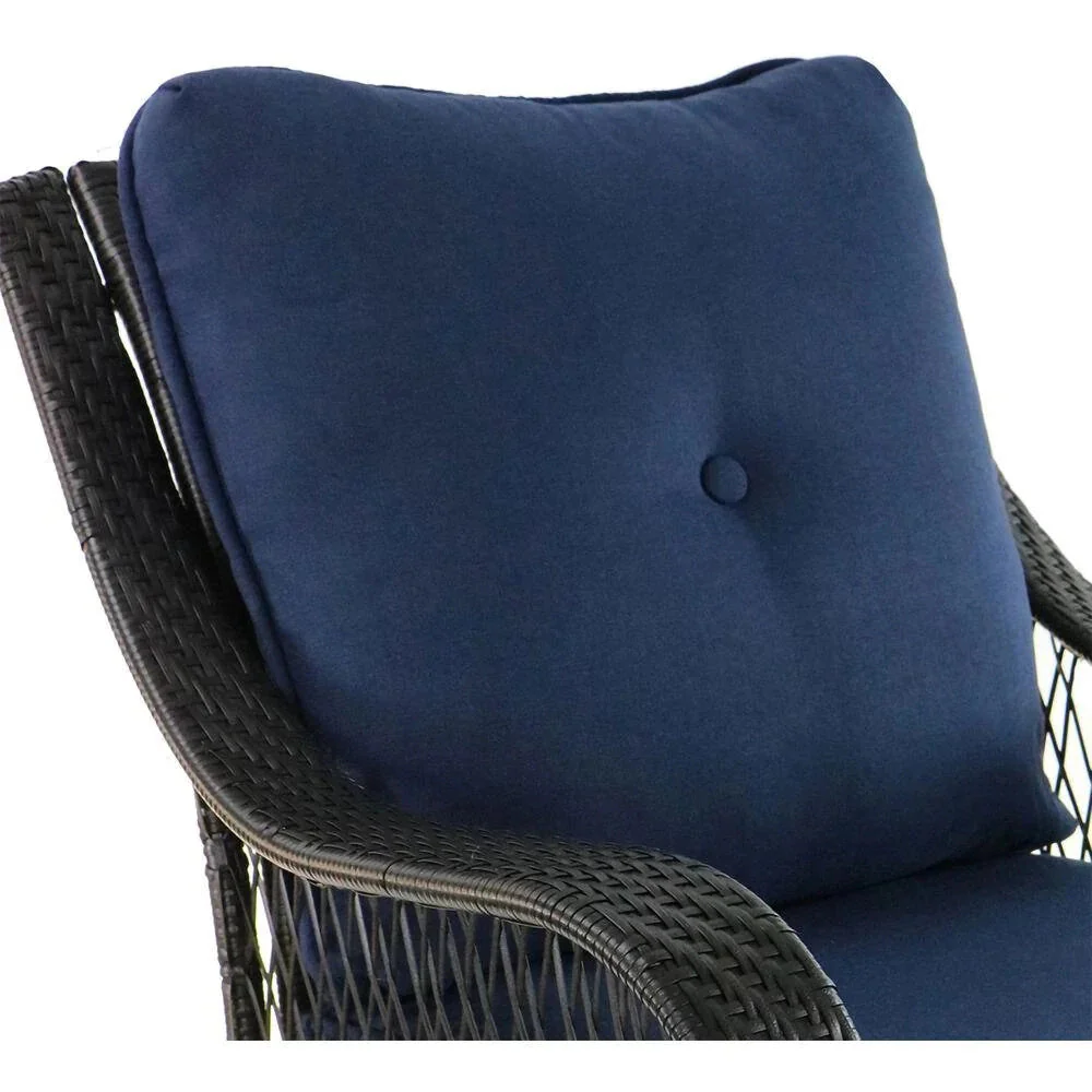 2025 5-Piece Steel Patio Fire Pit Conversation Set with Navy Blue Cushions, Swivel Gliders and Square Fire Pit Table