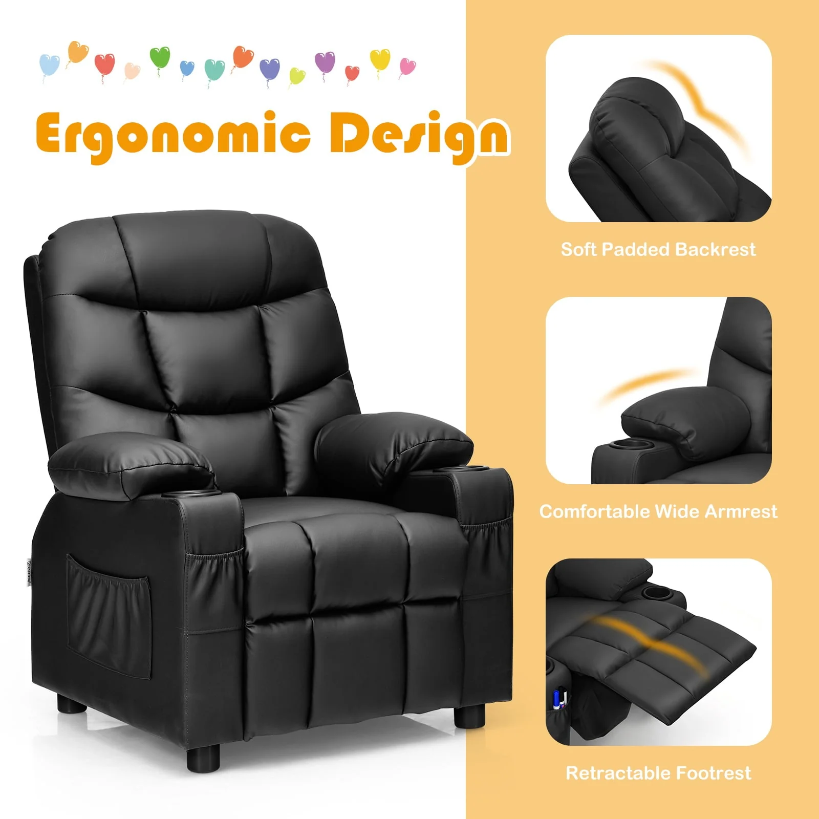 Infans Kids Youth Recliner Chair PU Leather w/Cup Holders & Side Pockets Black - Image 6