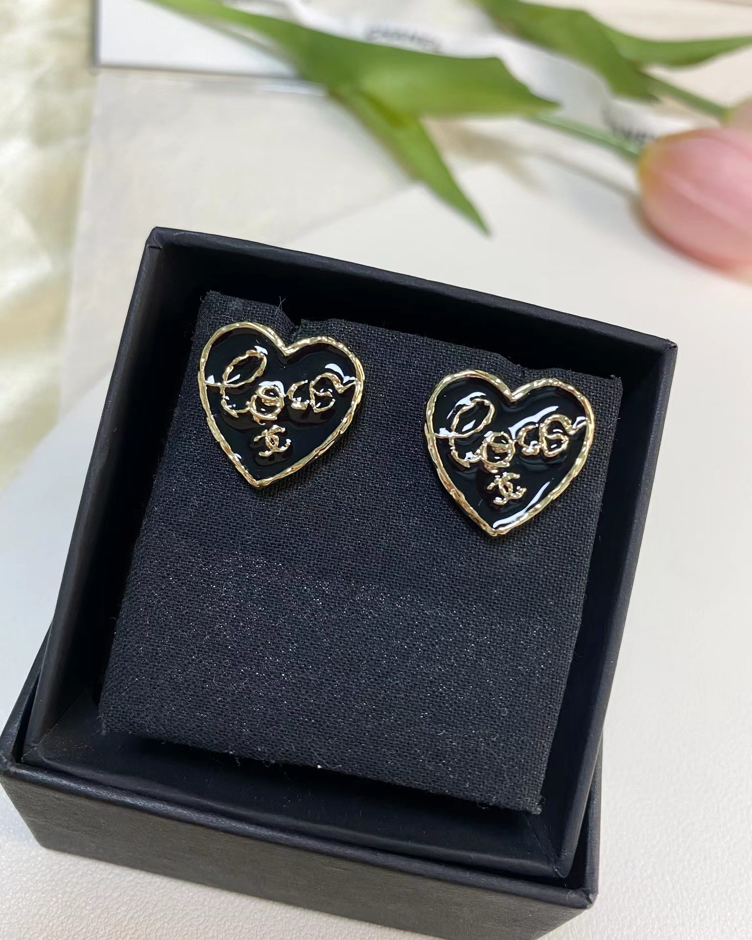 Chanel Black Love Heart Stud Earrings - Original Replica Club