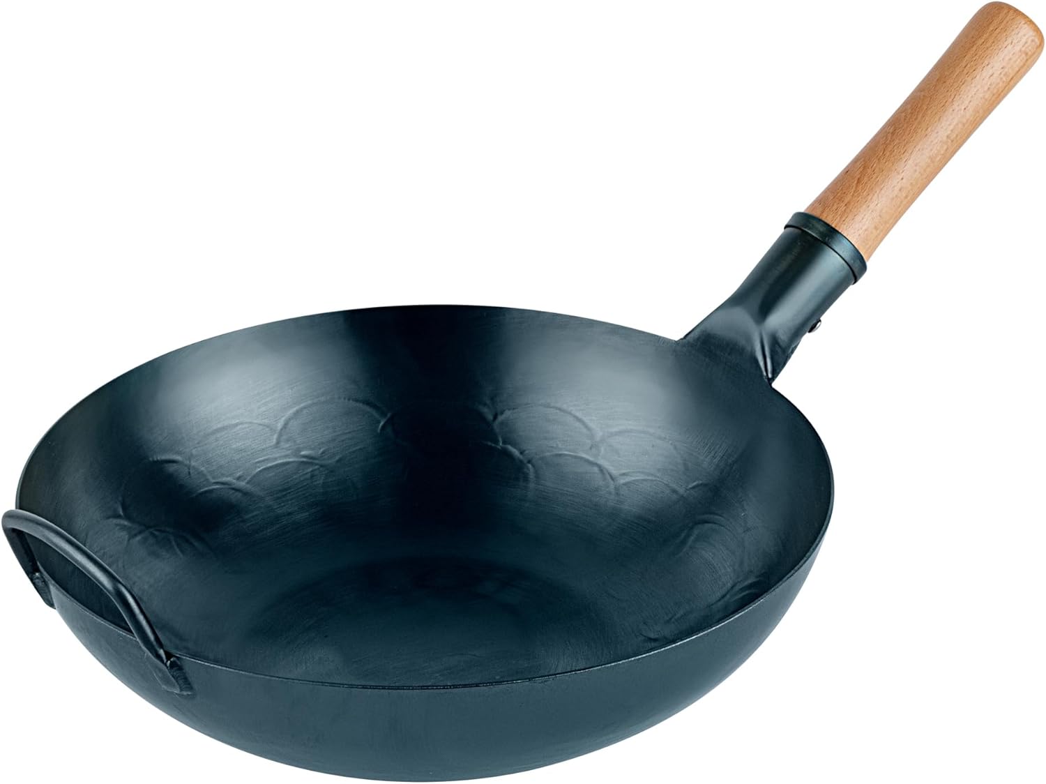 Restaurantware Carbon Steel Wok 1 Pack of 12 Inch Heavy-Duty Stir Fry Pan Blue Hand Hammered Wok Efficient Maneuvering Steel Helper Handle Uniform Heat Distribution Asian Cooking