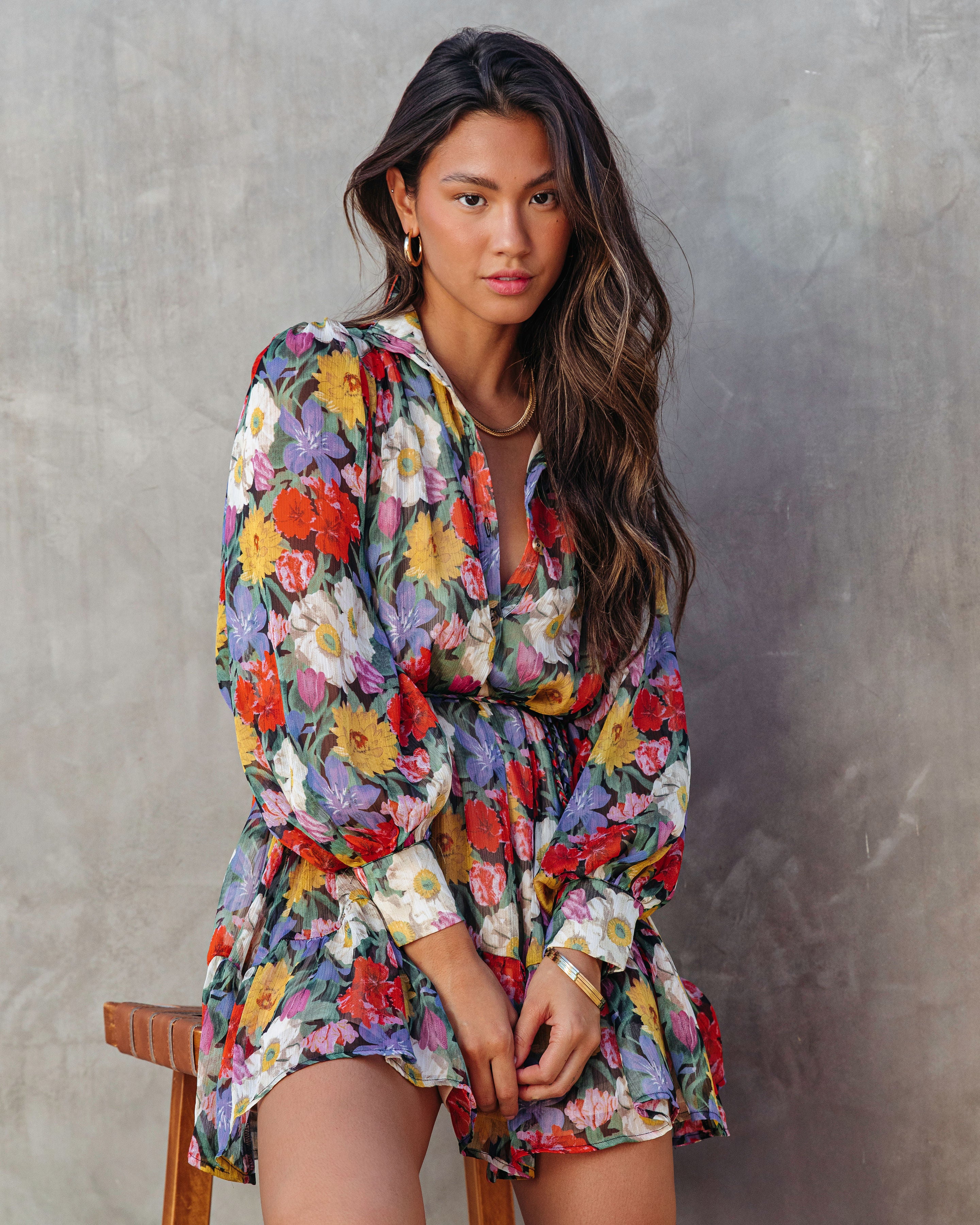 Every Girls Dream Floral Balloon Sleeve Button Down Mini Dress - Se7enfashion