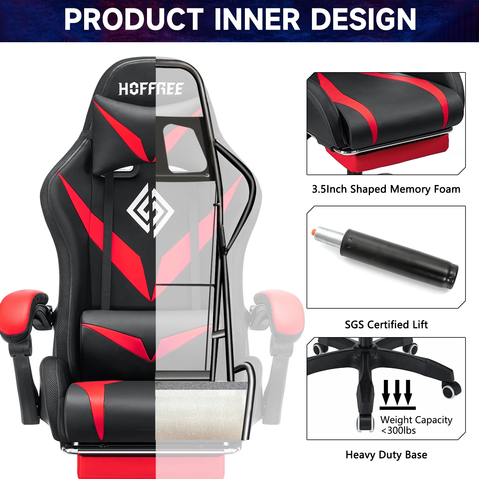 Hoffree Gaming Chair with Speakers PU Leather Office Chair with Footrest and LED Lights Ergonomic Gamer Chair with Massage Lumbar Support and Headrest Adjustable Swivel for Home Office 300lb - Image 60