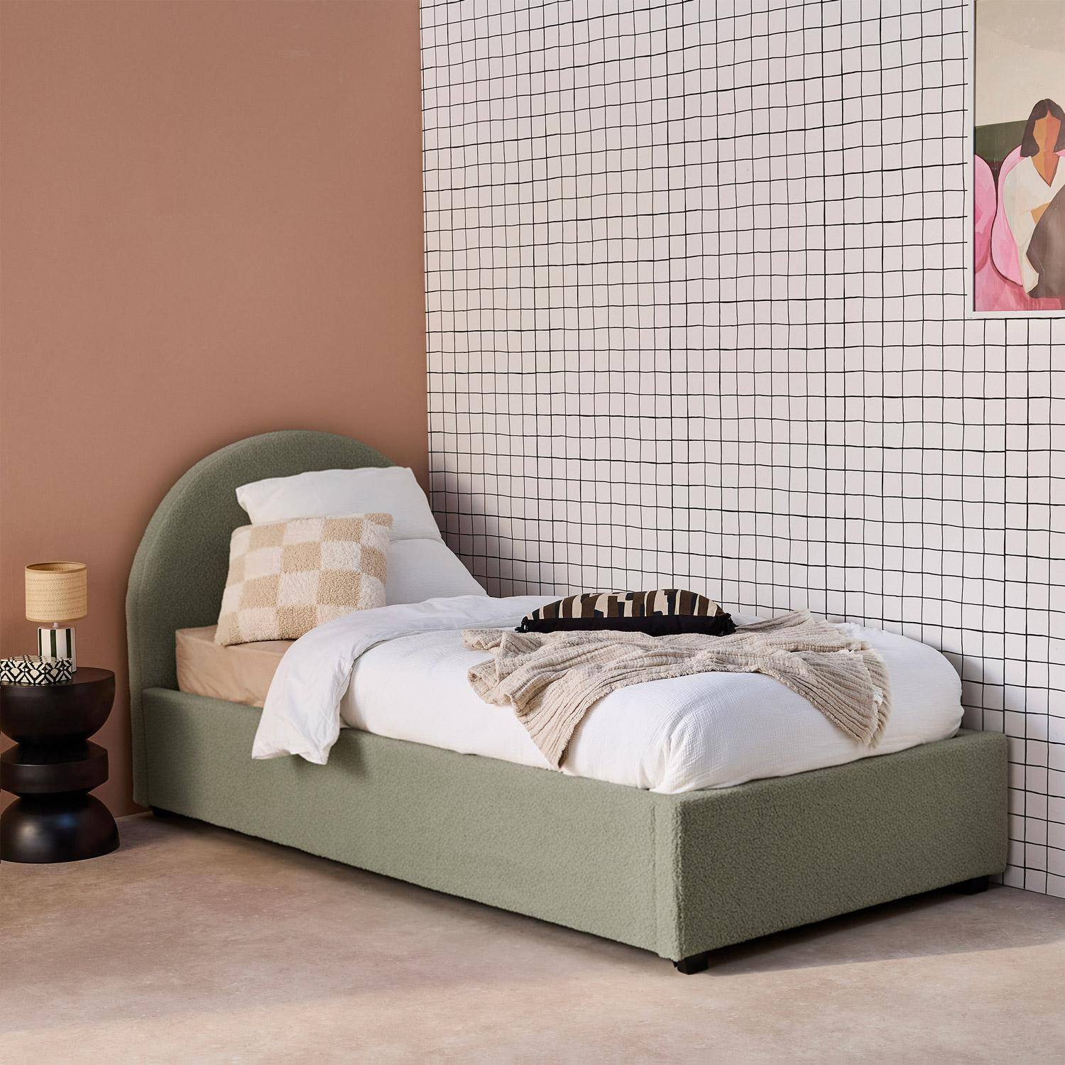 Cameron - Cama con somier abatible y cabecero 90x190cm, acabado en borreguito