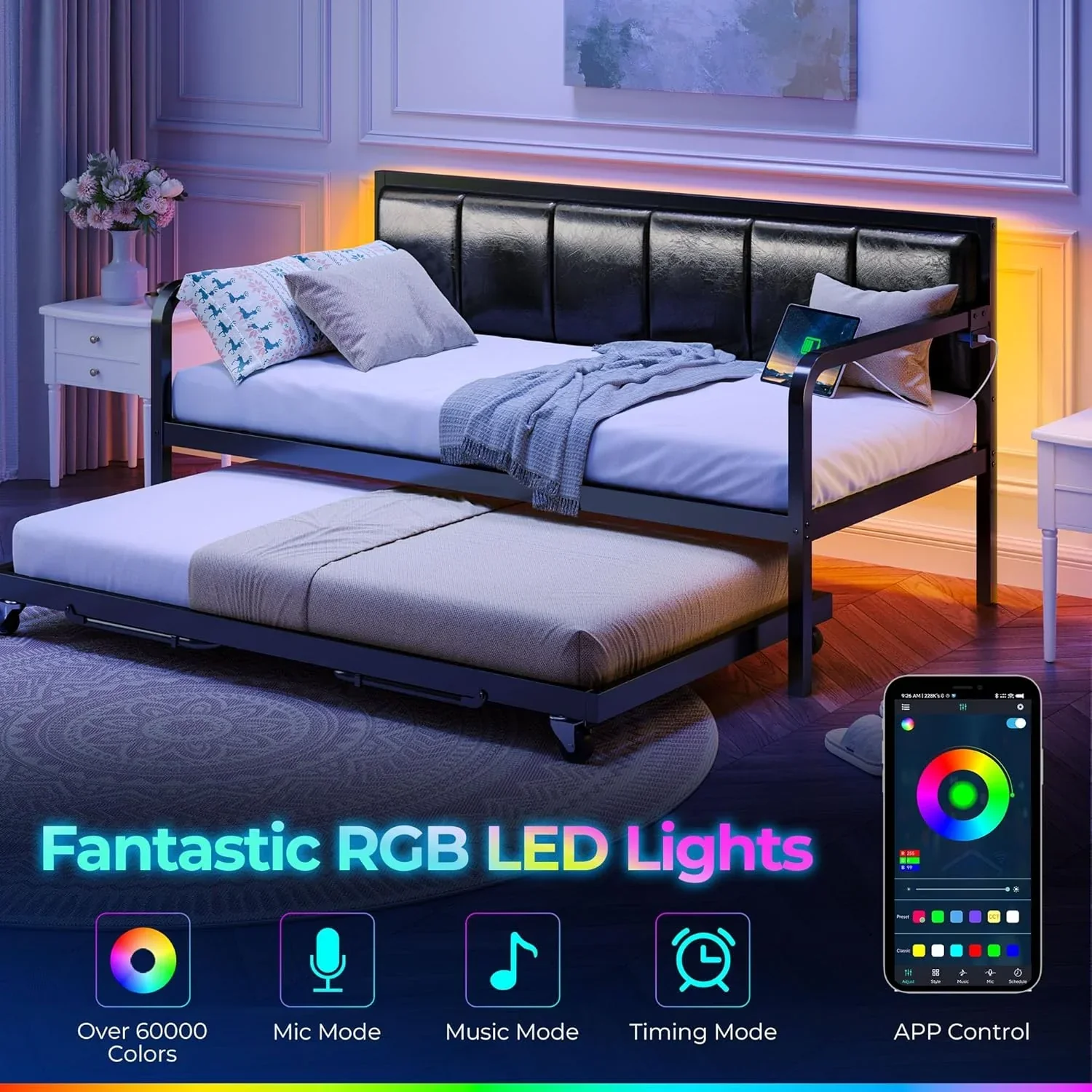 Rolanstar Daybed with Charging Station and LED Lights Height Adjustable Twin Daybed