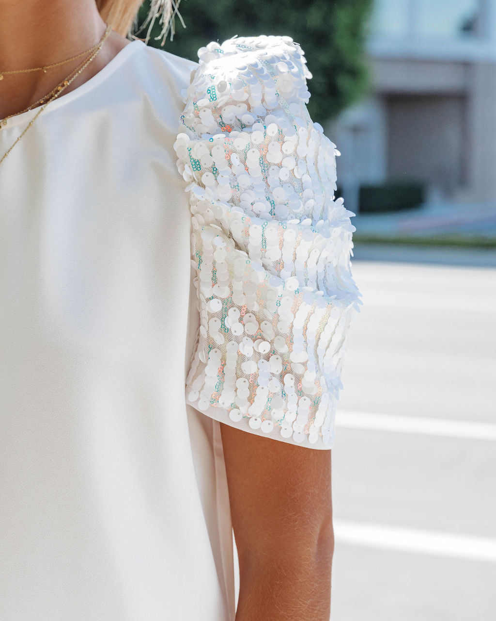 All That Glitz And Glam Sequins Puff Sleeve Top - White - Se7enfashion