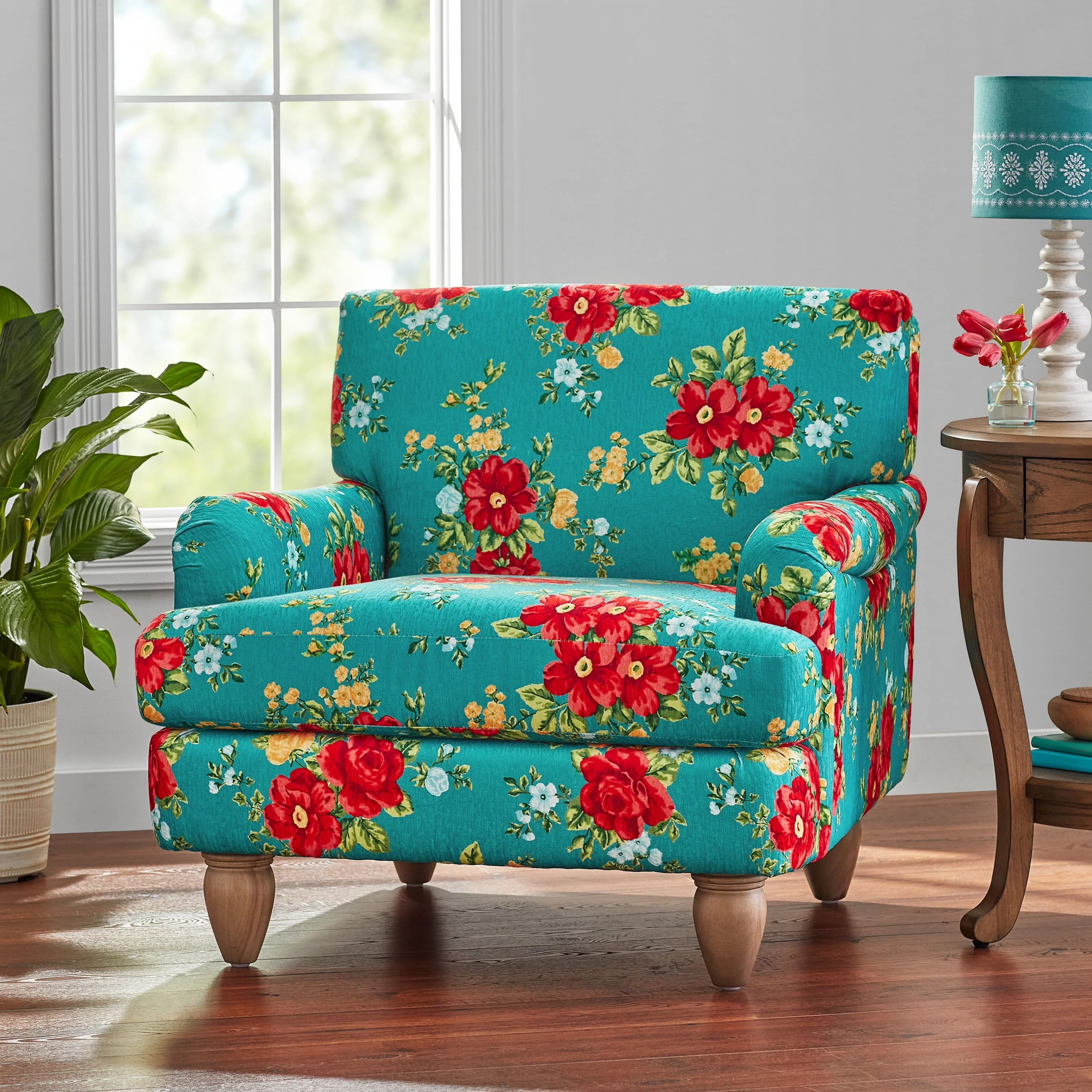 The Pioneer Woman Vintage Floral Low Back Fabric Accent Chair, Teal - Image 2