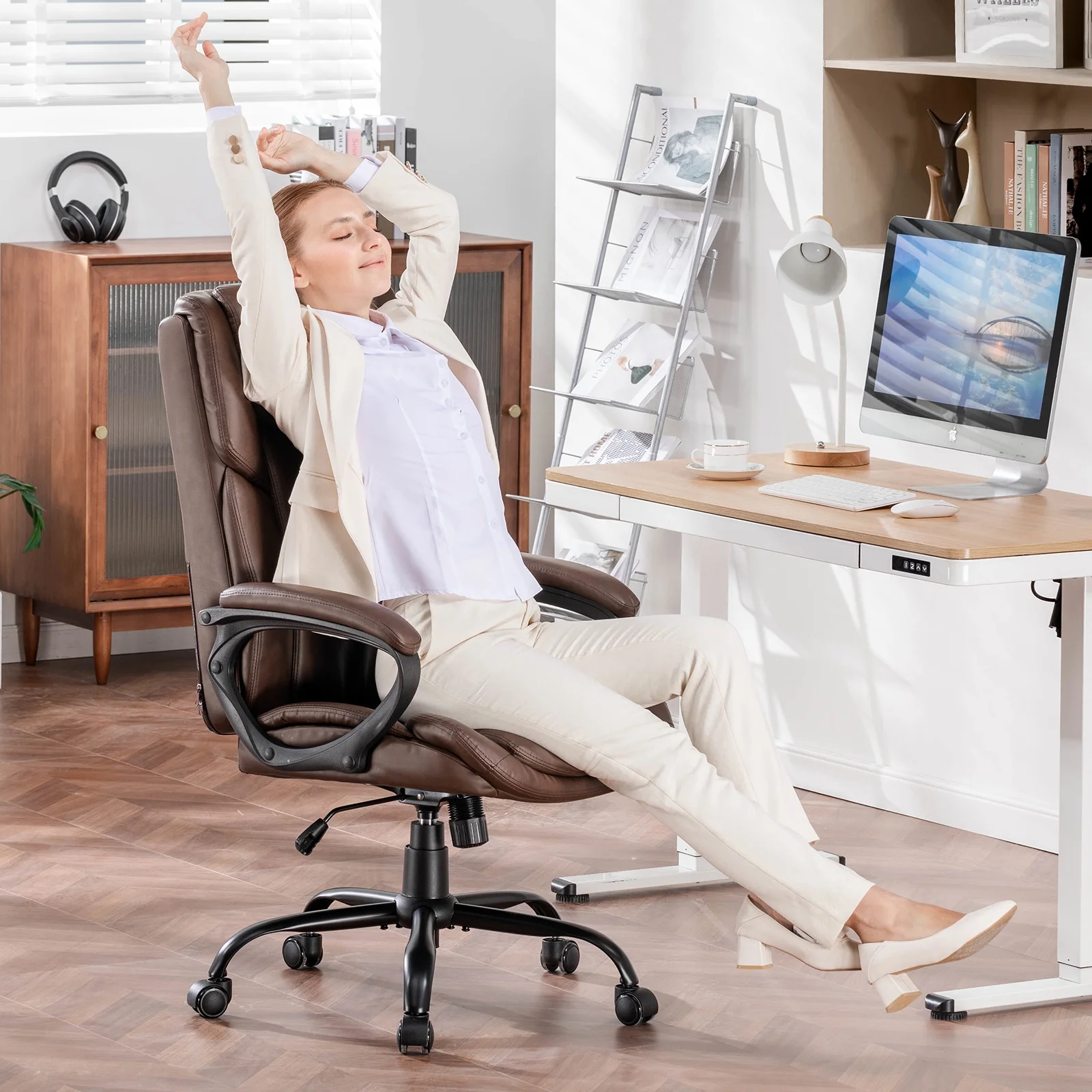Mainstays Executive Ergonomic High Back Leather Home Office Desk Chair, Black - Image 21