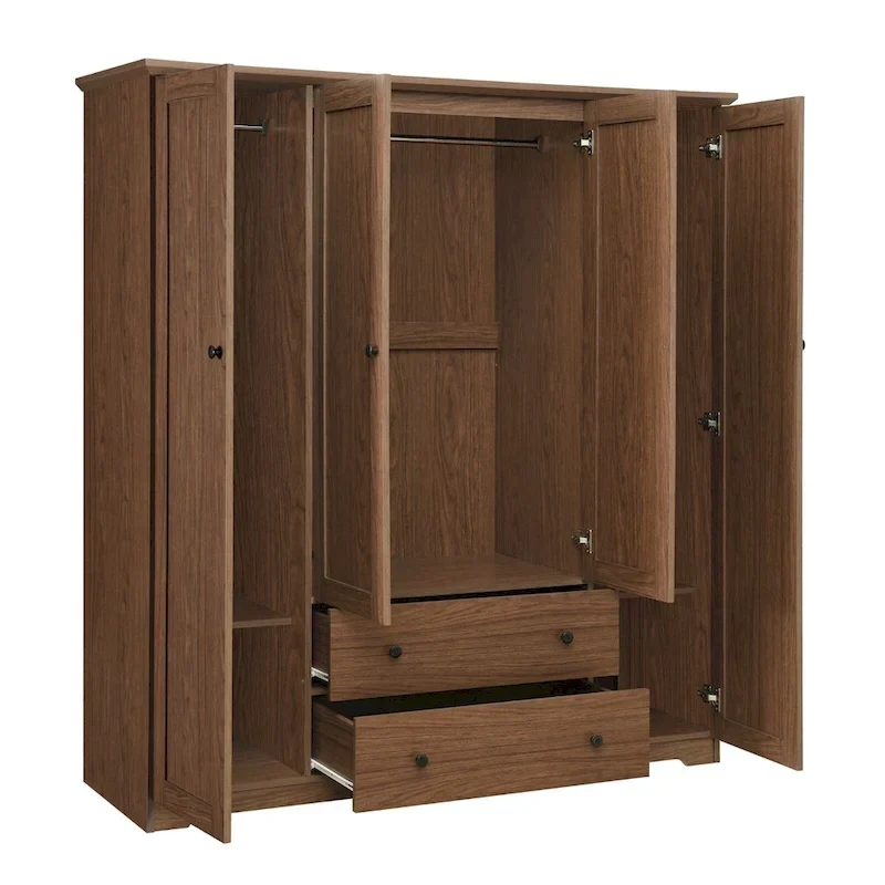 Freestanding 4-Door Wardrobe Armoire with 2 Drawers and Hanging Rods for Clothes Storage