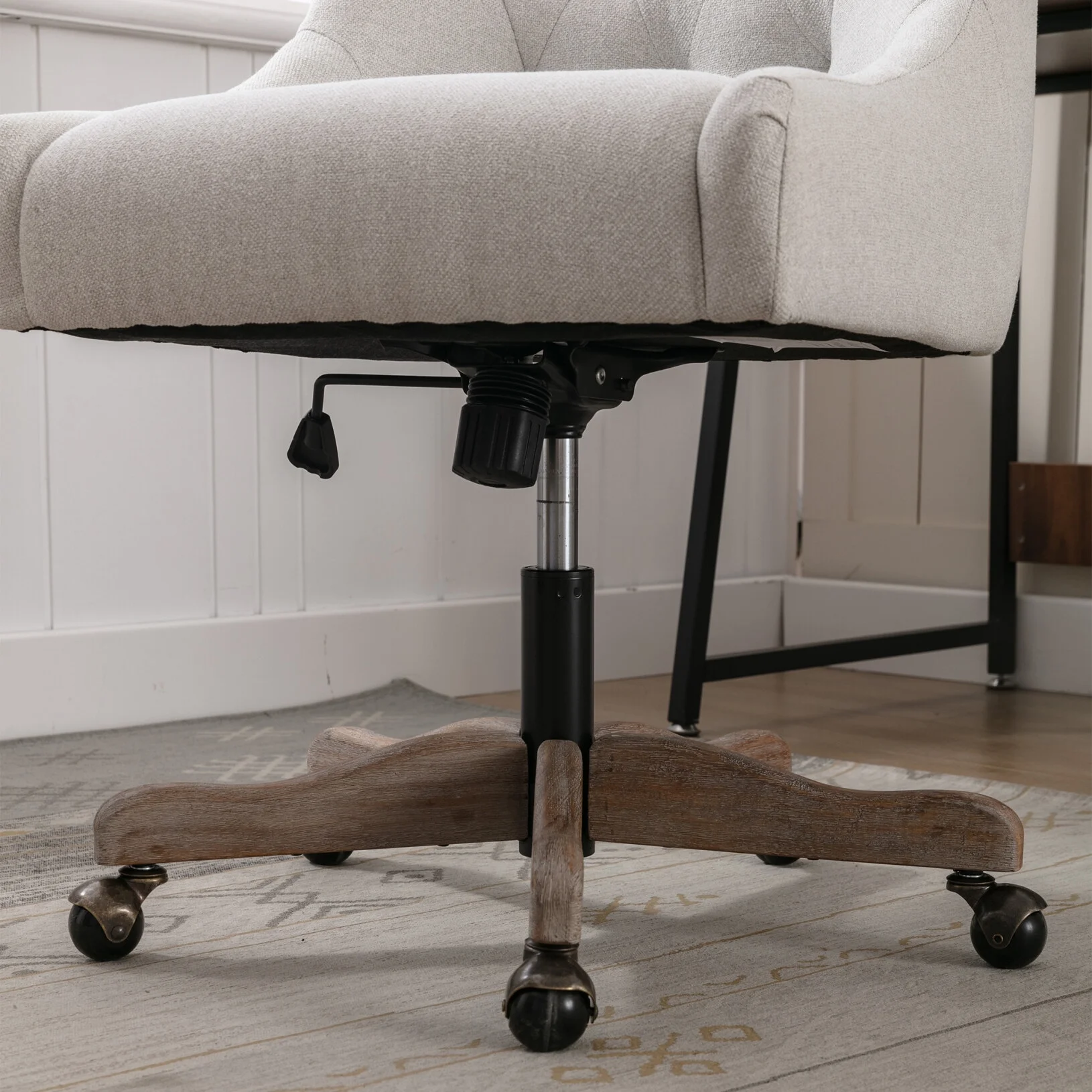 360 Degree Swivel Office Desk Chair, Upholstered Leisure Vanity Chair with Solid Wood Base and Wheels, Adjustable Height Computer Chair for Bedroom Living Room, Brown - Image 14
