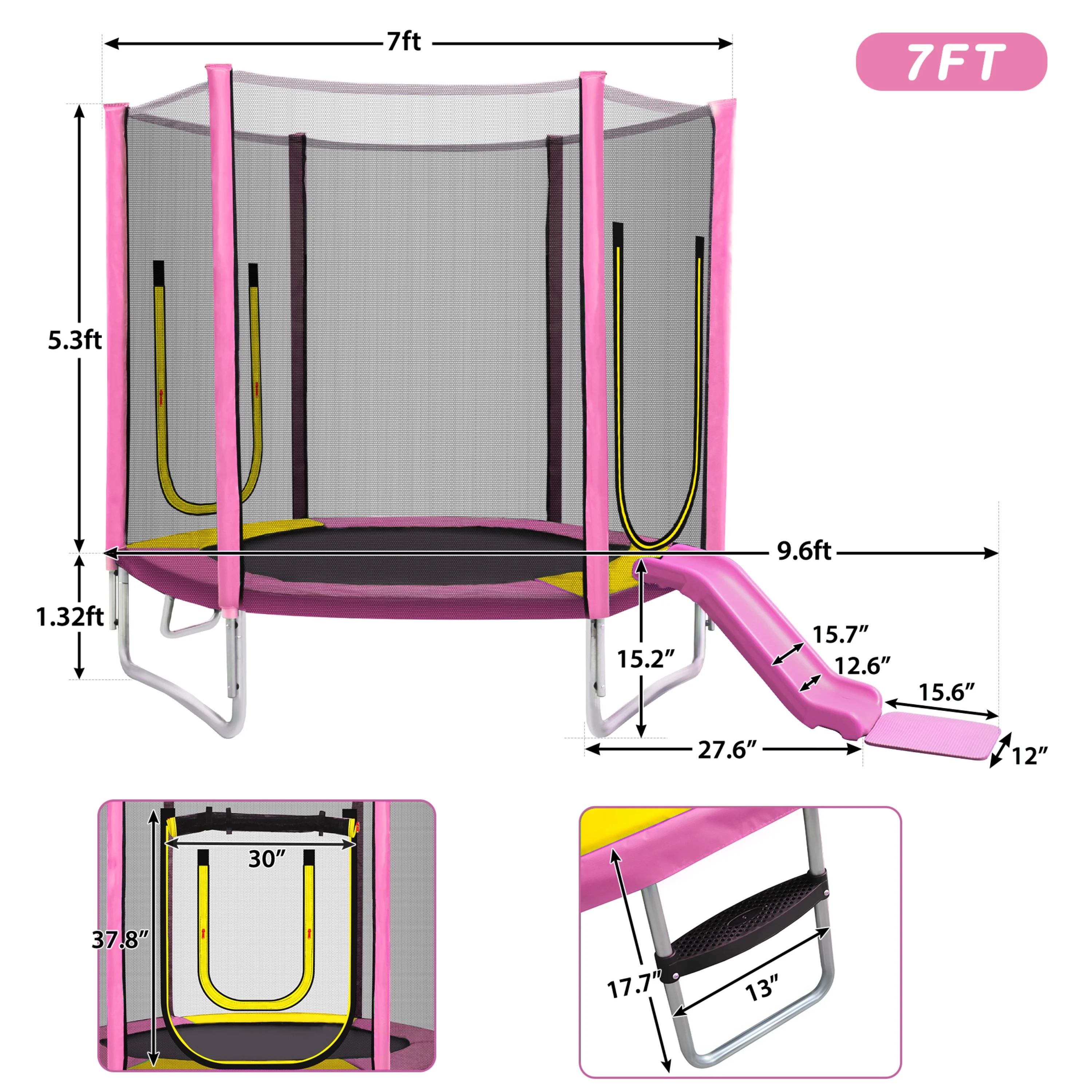 EUROCO 7FT Trampoline with Removable Slide, Kids Indoor Outdoor Trampoline with Enclosure Net and Ladder, Pink - Image 7