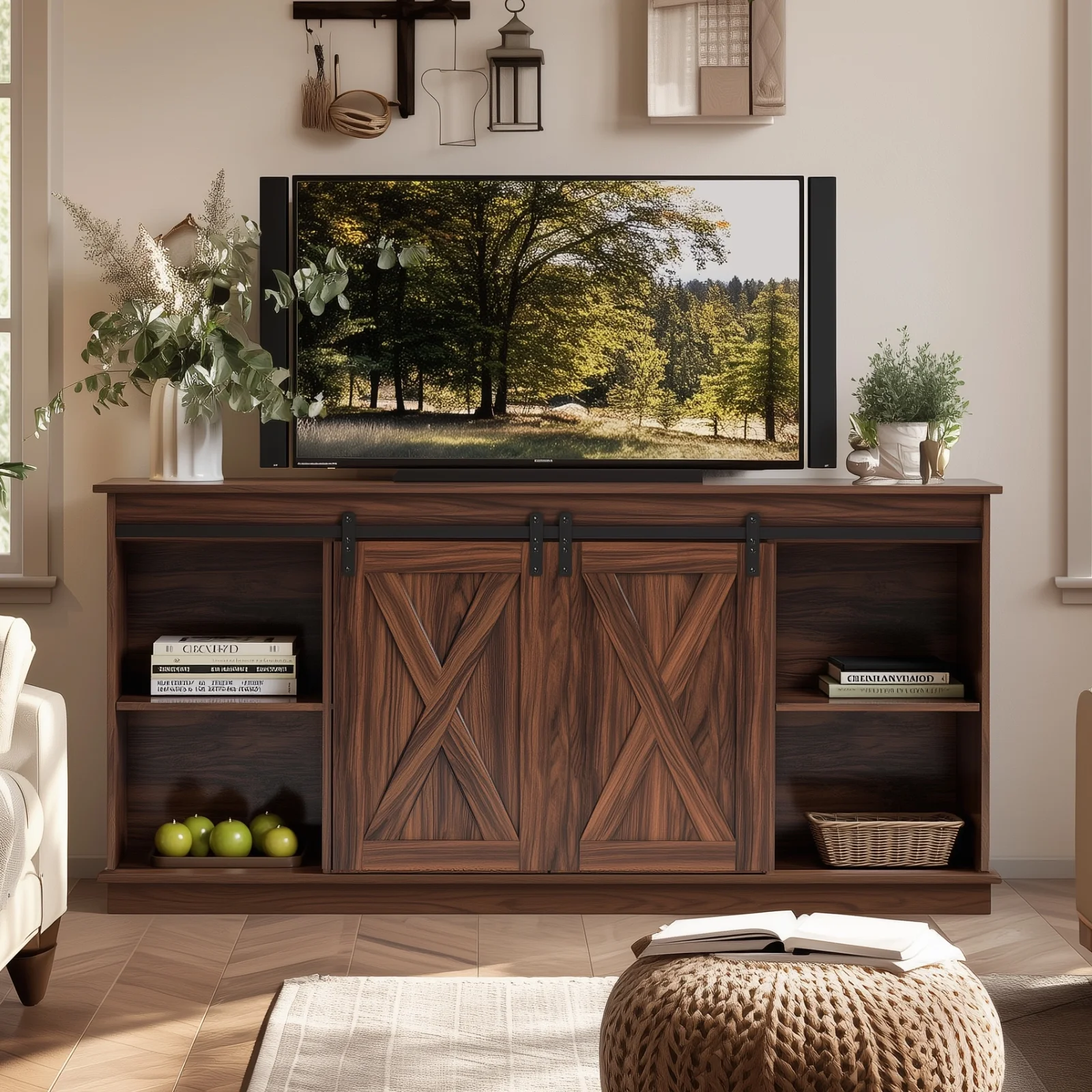 GIANNA TV Stand for Televisions up to 65 Inch, Entertainment Center with Sliding Barn Doors, Storage Cabinets and Media Shelves, Living Room Console Table, White - Image 9