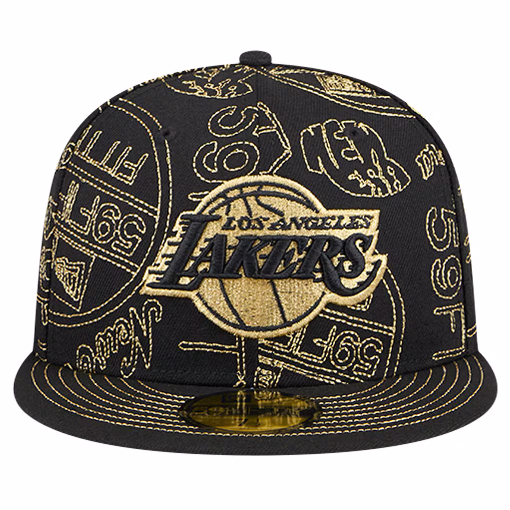 Direct front view of the black Los Angeles Lakers 59FIFTY fitted hat featuring gold allover stencil graphics and the center embroidered logo.