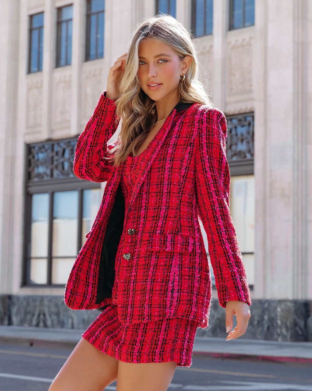 Just Like Me Tweed Pocketed Plaid Blazer - Se7enfashion
