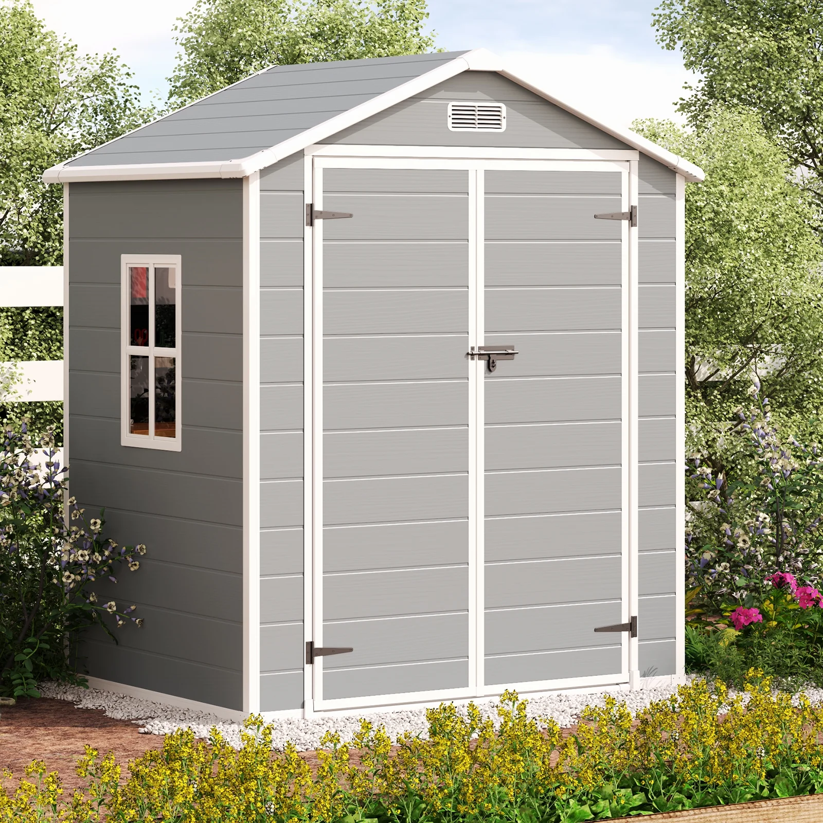 6x4 FT Resin Storage Shed, Lofka Plastic Outdoor Shed with Heavy Duty Floors, 135.6 cu ft, Colorfast, Side Window, Double Lockable Doors for Garden Backyard