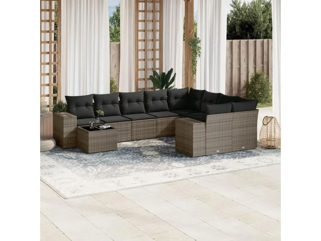 Set de sofás de jardín 10 pzas con cojines ratán sintético gris