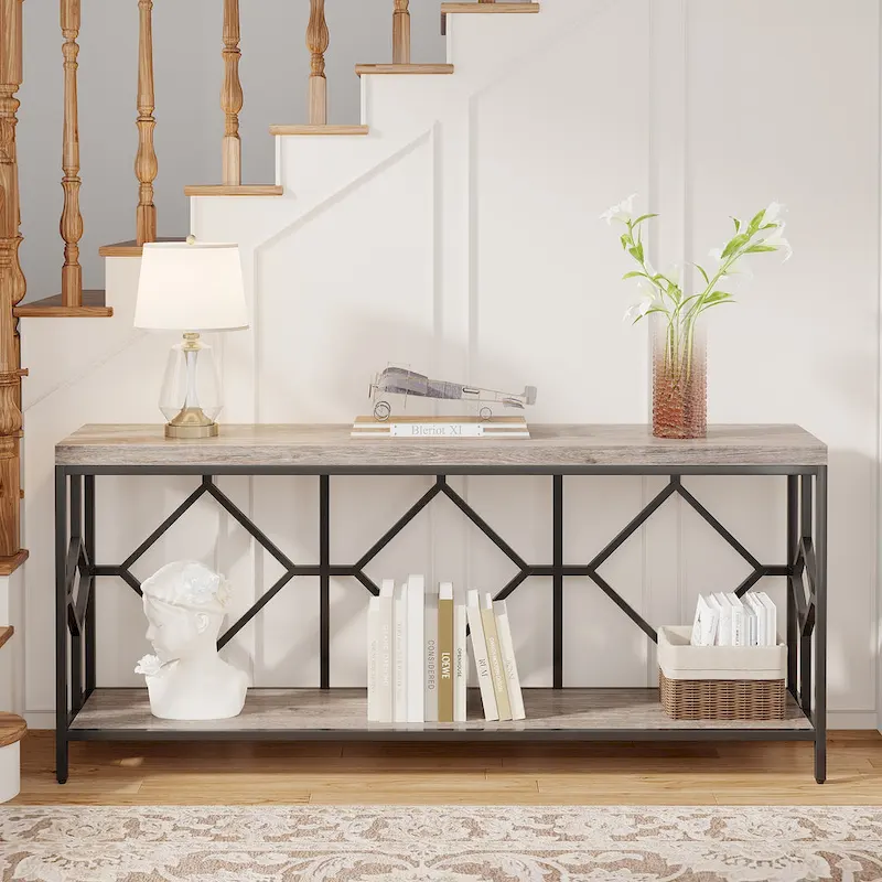 70.9-Inch Industrial Sofa Console Table with Open Storage Shelf - Extra Long Narrow Entry Table for Behind Couch