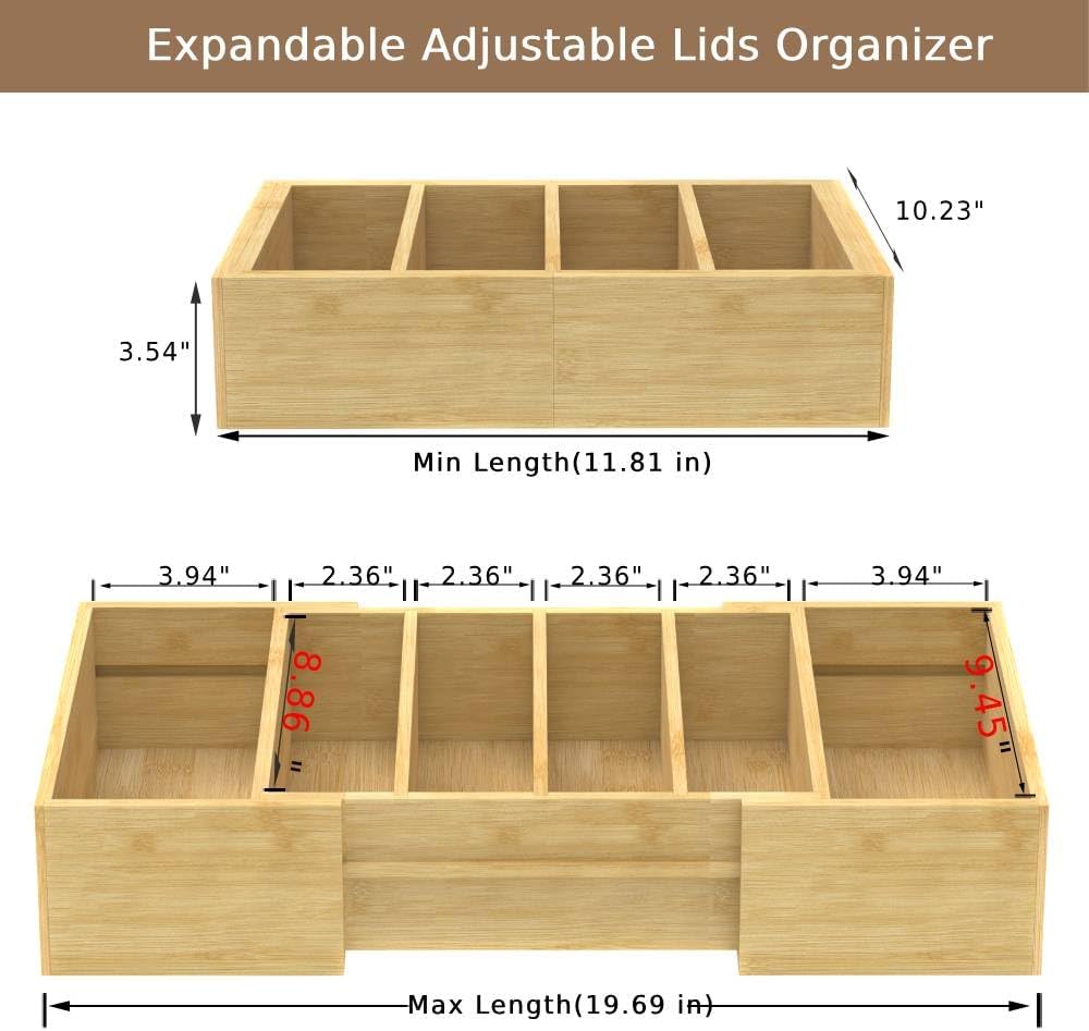 Retro Shaw Lid Organizer for Cabinet, Bamboo Expandable Kitchen Organizer with 3 Adjustable Dividers for Plastic Lids, Large Food Storage Container Lid Holder for Drawer, Countertop, Pantry