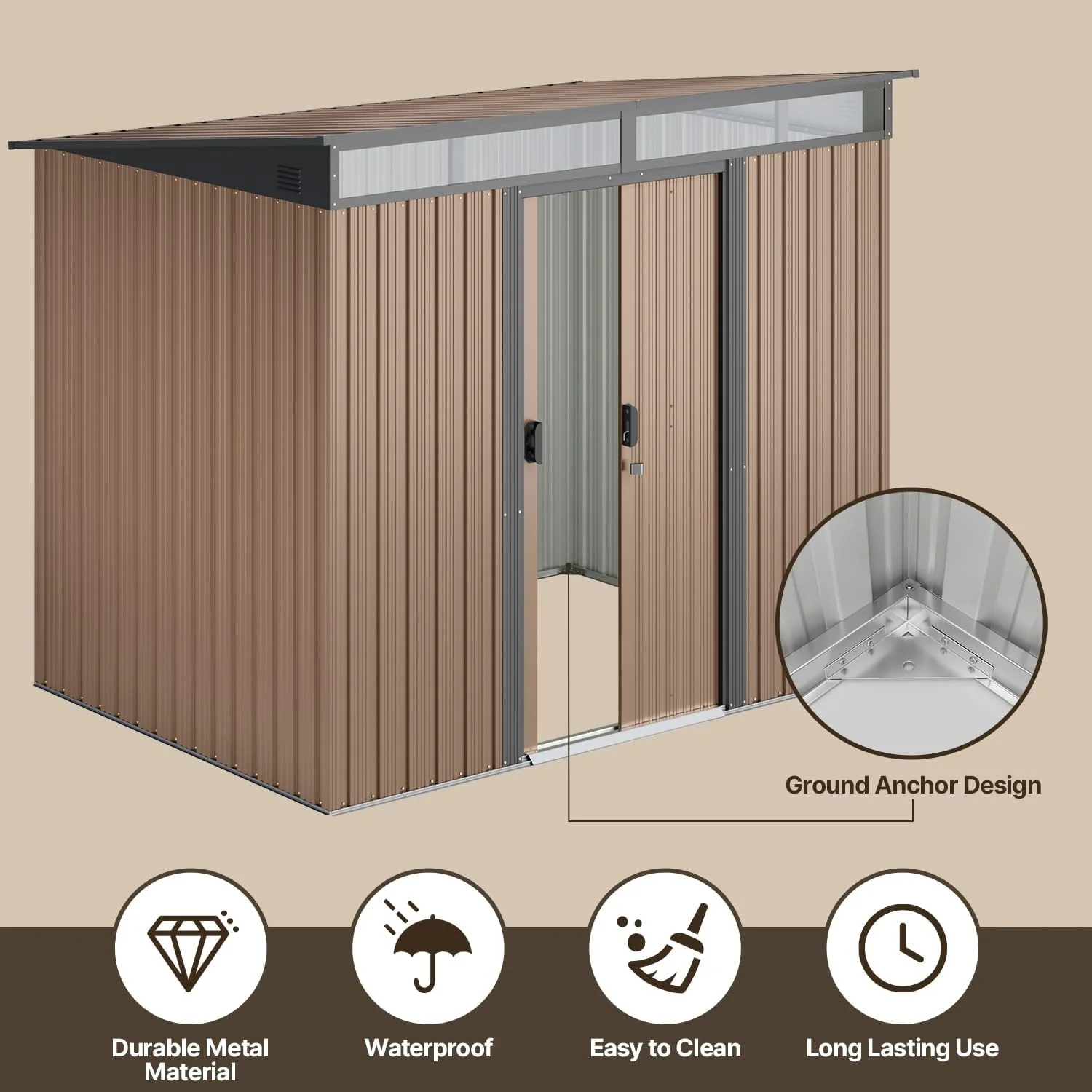 5'x3' Outdoor Storage Shed, Asofer Shed and Outdoor Storage Clearance, Weatherproof Tool Shed, Brown - Image 42