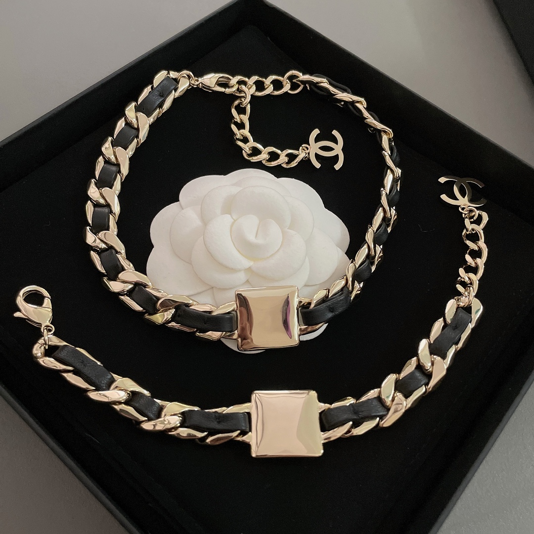 Chanel Leather Gold Chain Bracelet Choker Necklace - Original Replica Club
