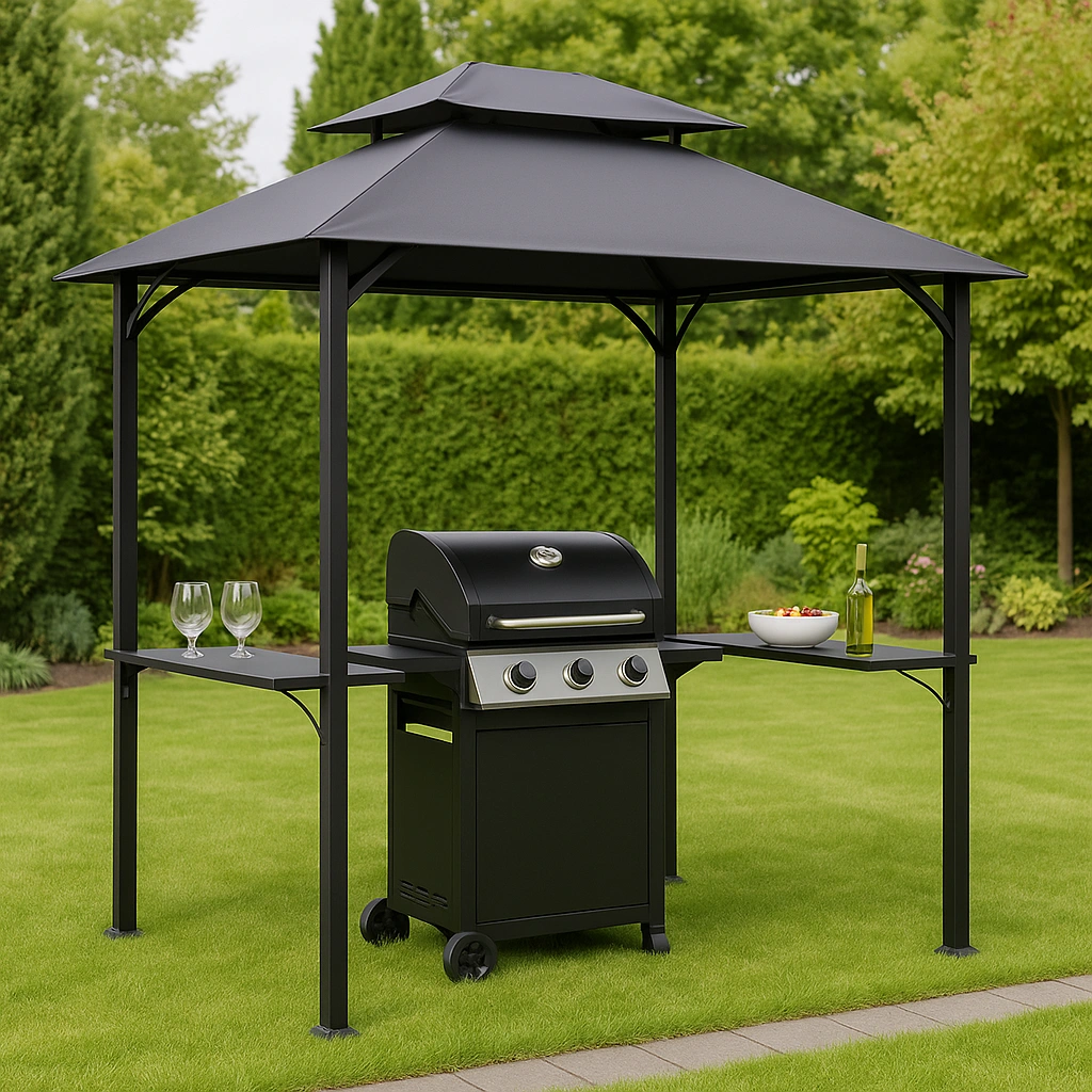 Caseta para barbacoa con techo y estructura de metal negro 200x100x250 cm