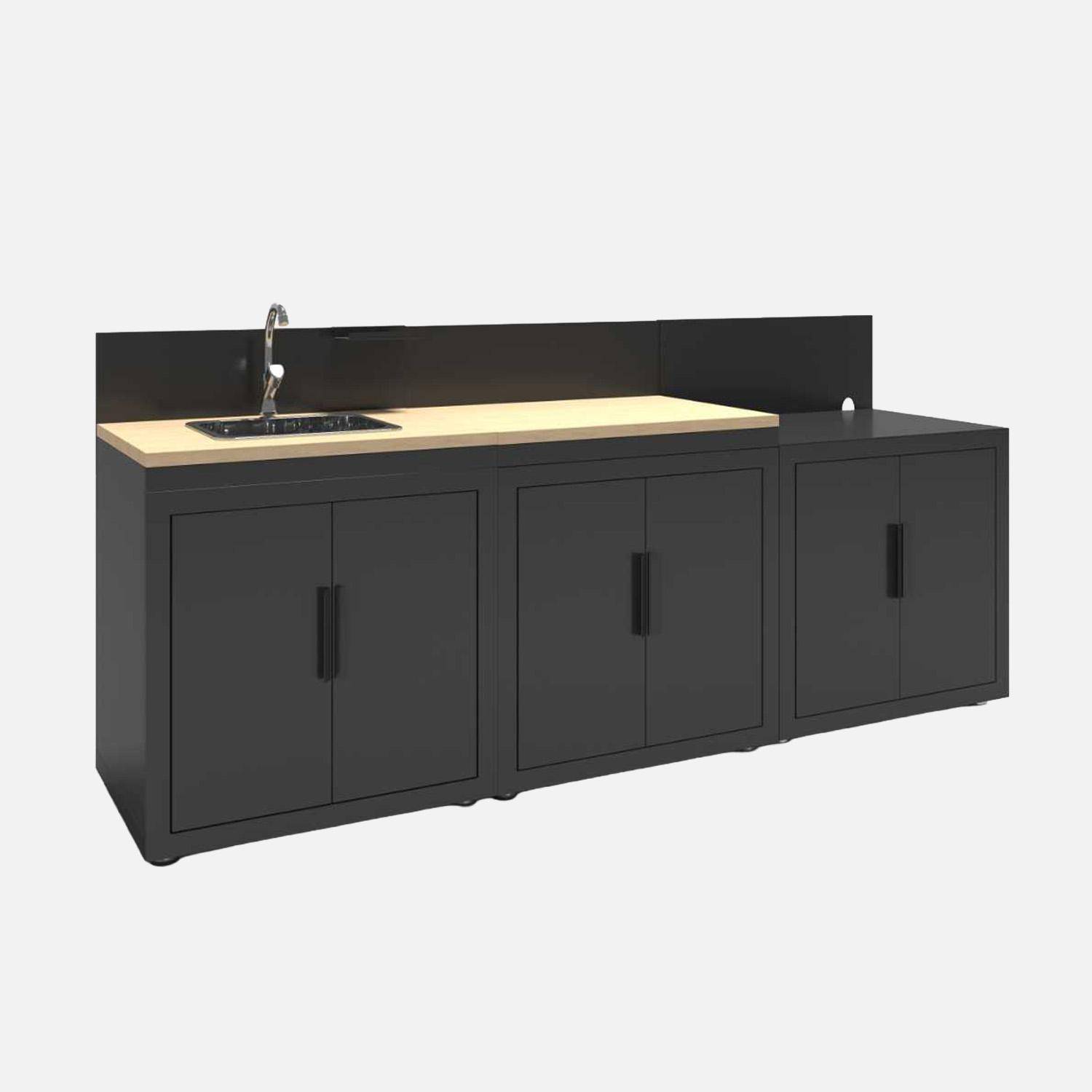 Milos - Cocina de exterior 3 módulos acero y decoración de madera
