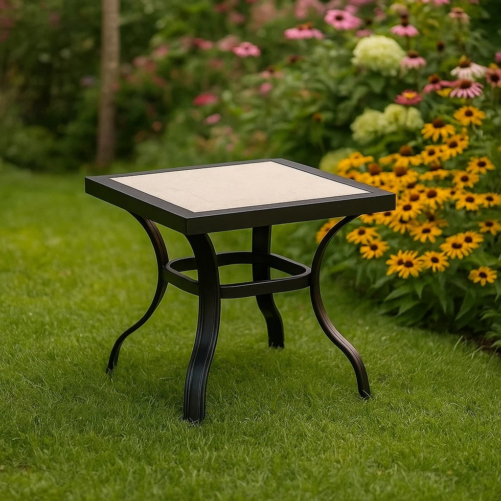 Mesa de centro de exterior,negro,acero y piedra,jardín,63x63x42 cm