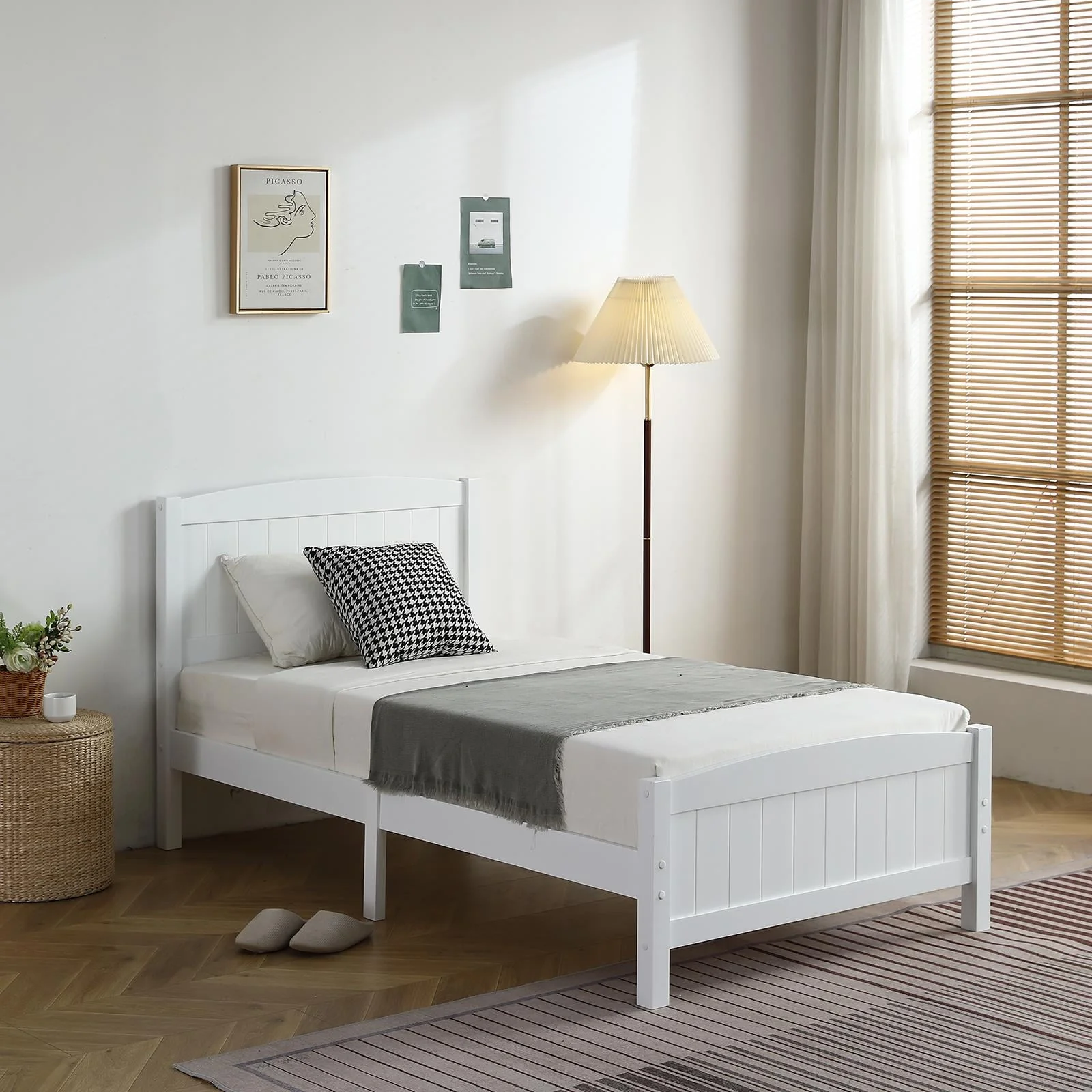 Zimtown Twin Bed Frame,Solid Pine Wood Kids Twin Platform Bed Frame, Bedroom Twin Bed with Headboard for Adults, White - Image 14