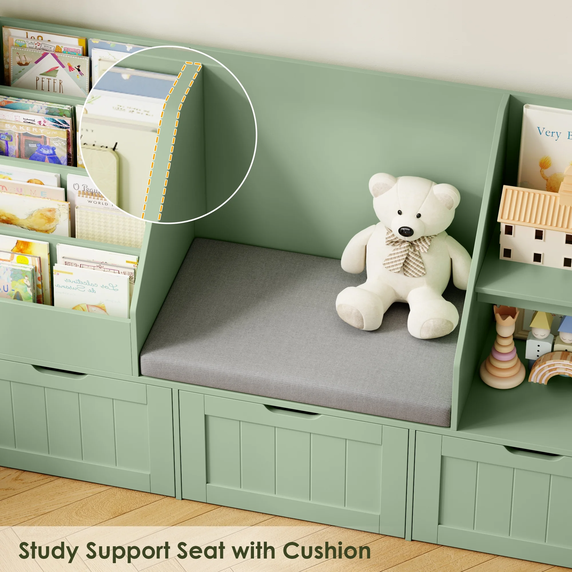 Homfa Kids Bookshelf with Reading Nook & 3 Movable Drawers, 2 Cube Bookcase with 4-Tier Book Racks, Toy Storage Organizer for Playroom Bedroom, White - Image 25
