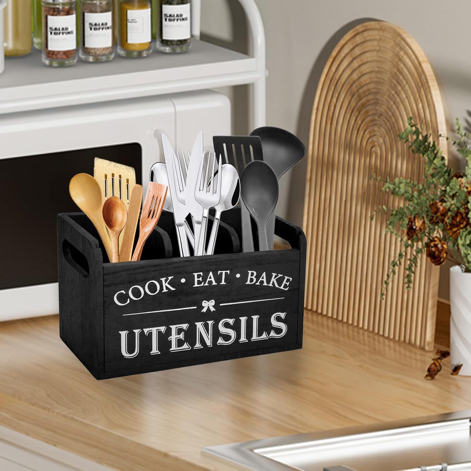 Kitchen Utensil Holder for Kitchen Counter, 3 Compartments Large Utensil Organizer with Drainer, Wooden Cutlery Caddy Holder, Cooking Tools Storage (Black)