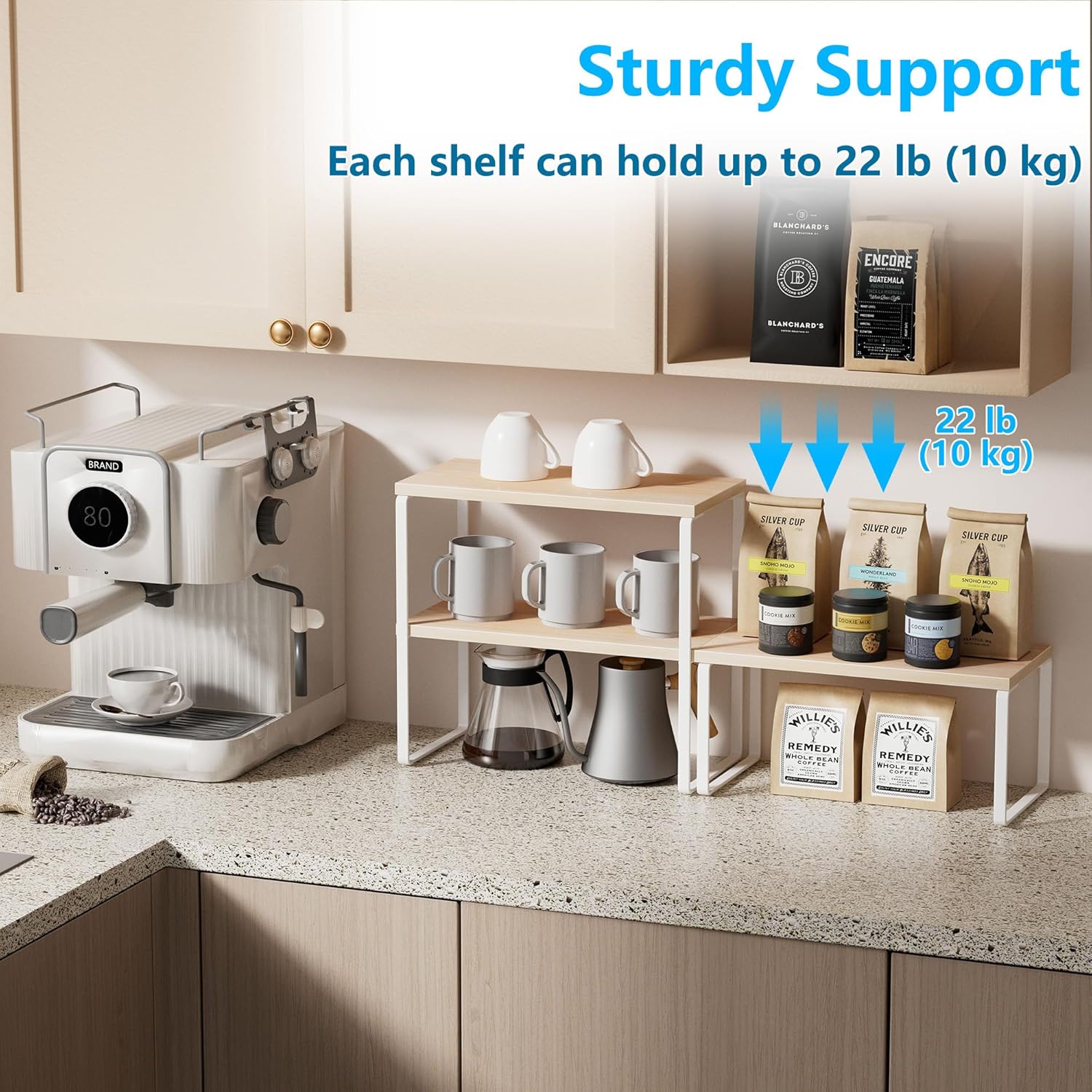 Golener Countertop Organizer Corner Shelf, 2-Tier Adjustable Stackable Corner Shelves for Kitchen, Spice Rack, Coffee Bar, Over Sink, Bathroom, Dresser Table, Corner Counter Shelf Stand, Natural Beige