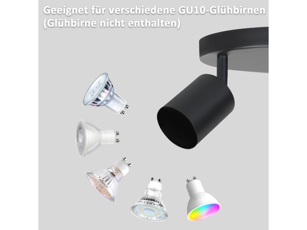 Casaplu, lámpara de techo LED en color negro, emisor de techo - Lámpara de techo con 3 focos redondos, spots para techo GU10, emisor de luz metálico, lámpara para cocina, giratoria 350°, luz de foco para salón, dormitorio, cocina, pasillo - Sin bombi