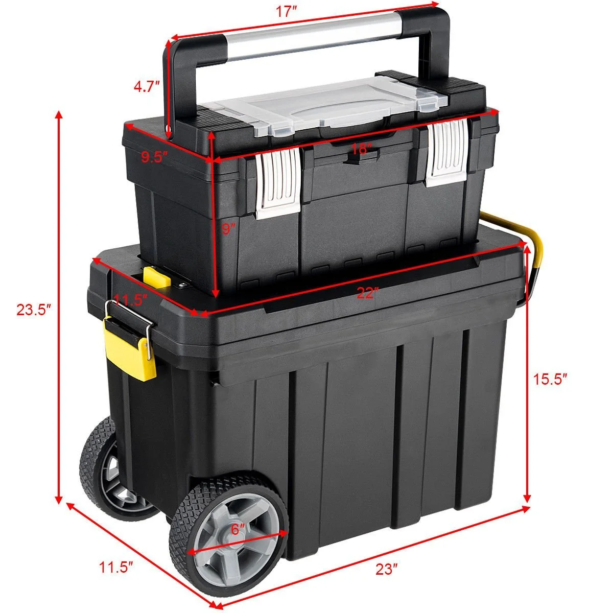 2-in-1 Rolling Plastic Toolbox Set With 6-Inch Wheels, Black - Image 3 2-in-1 Rolling Plastic Toolbox Set With 6-Inch Wheels, Black - Image 3