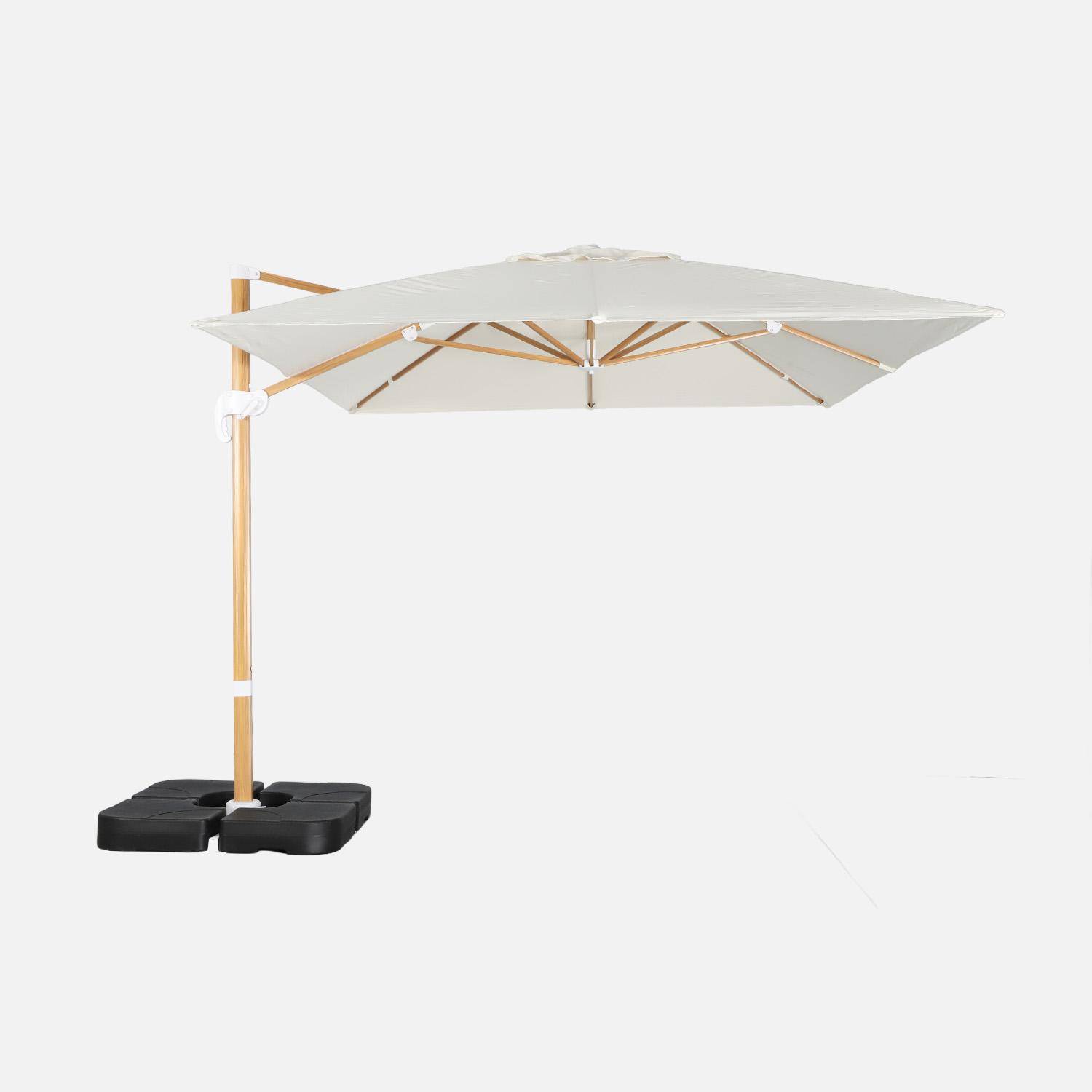 Wimereux + Dalles - Parasol rectangular excéntrico poste efecto madera, 3x4m + placas de lastre 50x50cm