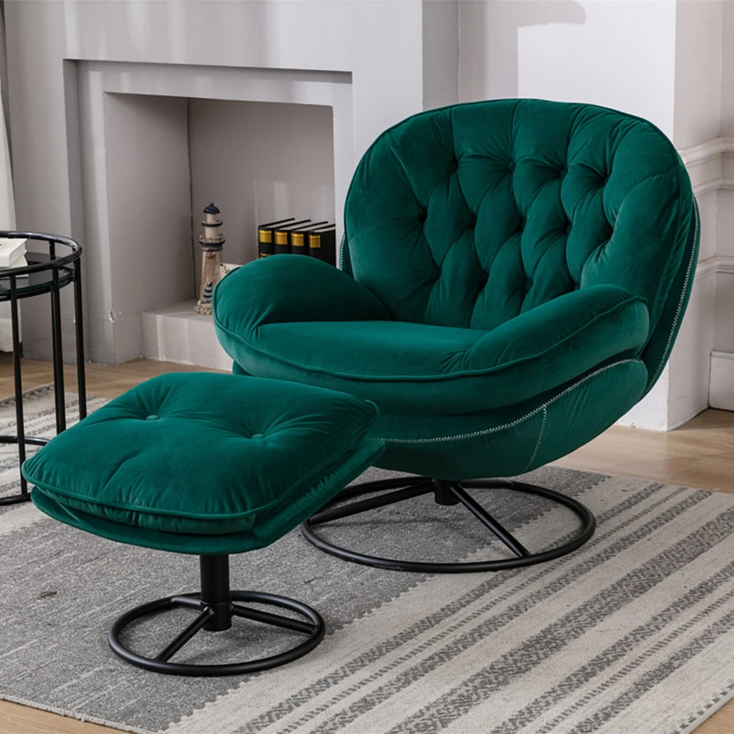 Velvet Swivel Accent Chair with Ottoman Set, Modern Lounge Chair with Footrest and Metal Base Comfy Armchair with 360 Degree Swiveling Single Sofa Chair Accent Chairs for Living Room, Green(Red)