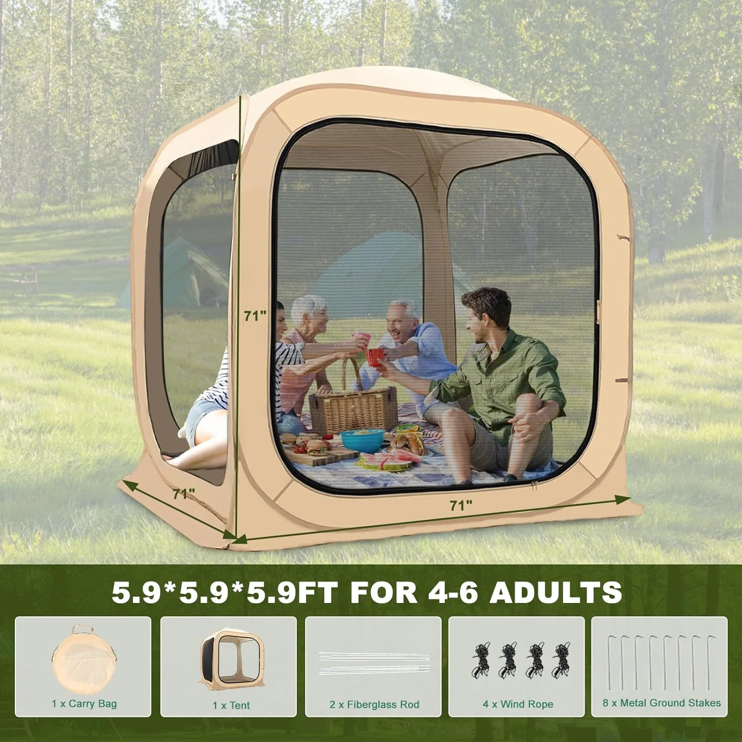FICISOG Sports Tent Pop up Weather Pod Outdoor Screen House Pod Tent Shelter for up to 6 People, 71in Large Instant Weatherproof Pop up Tent with Clear View for Camping - Image 6