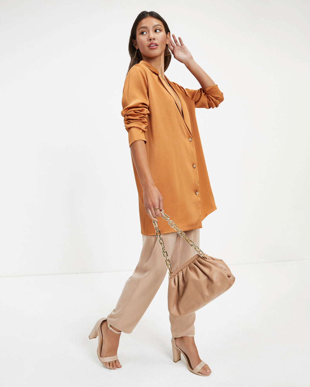 Polished Gal Satin Button Up Top - Copper - Se7enfashion
