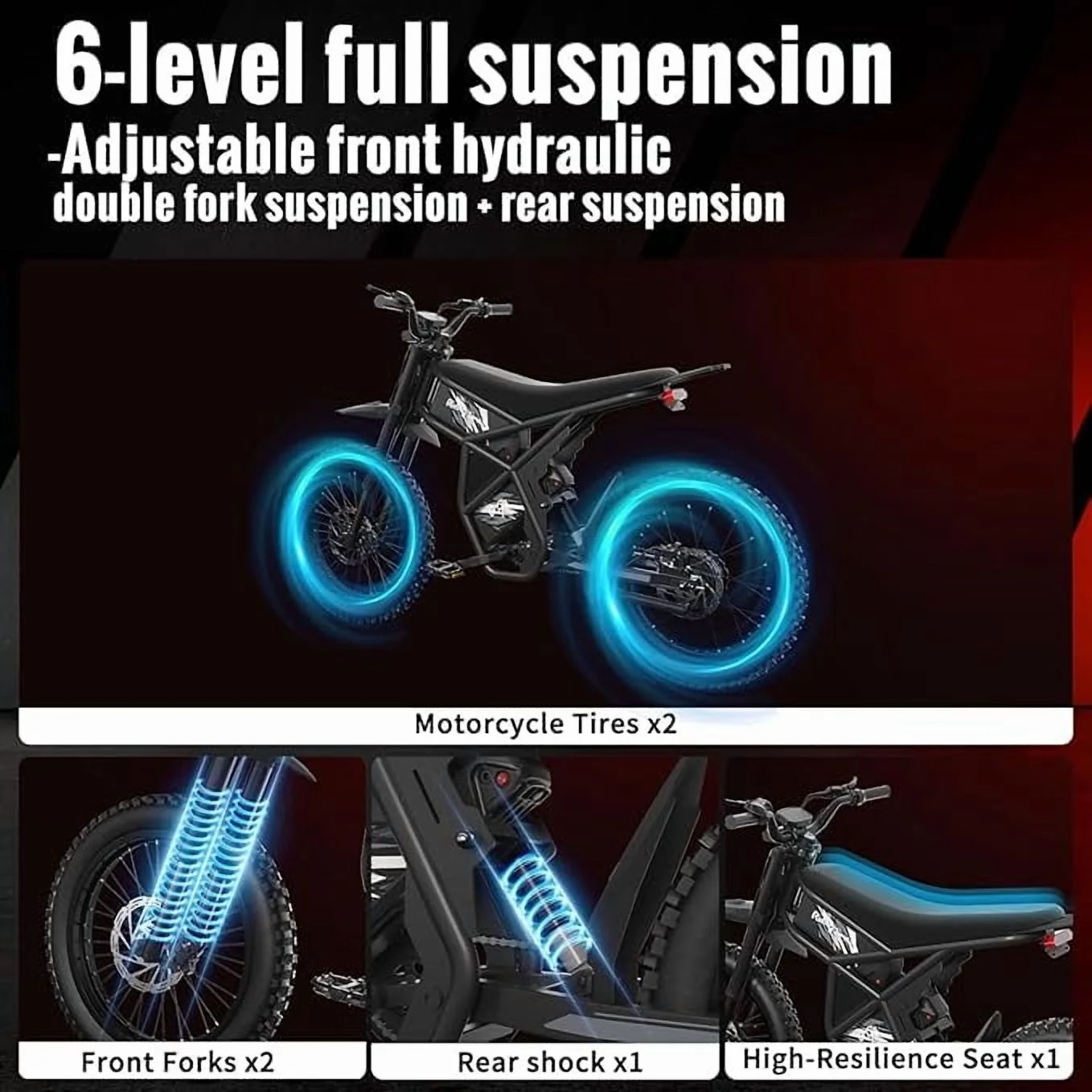 Riding'Times 2400W 48V Electric Dirt Bike for Adults Ridingtimes GT73,brushless Hub Motor,18.2AH*2 Electric BIKE with 25" tires digital screen Carbon Steel,BLACK - Image 9