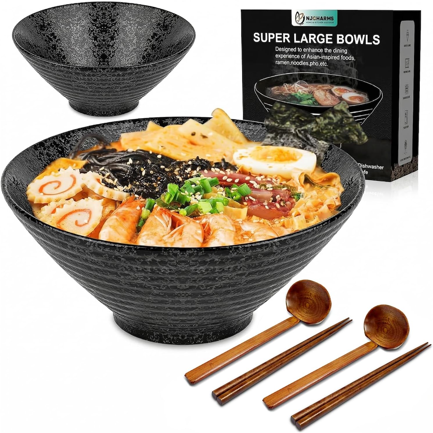 NJCHARMS Ceramic Ramen Bowl Set of 2, 60 oz Japanese Noodle Soup Bowls with Spoons and Chopsticks for Ramen Soup Pho Udon Asian Noodles, Large Noodle Bowls(Black