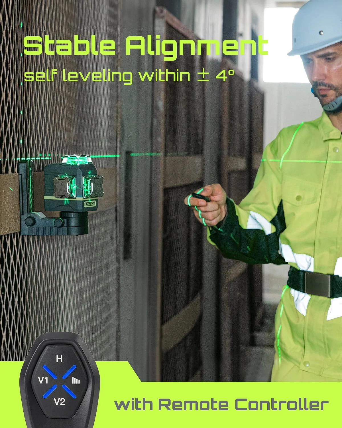 Laser Level 3x360- LASGOO with Remote Control, 2 Rechargeable Batteries, 100FT Range, 360- Magnetic Rotating Stand, IP54, 3Ds