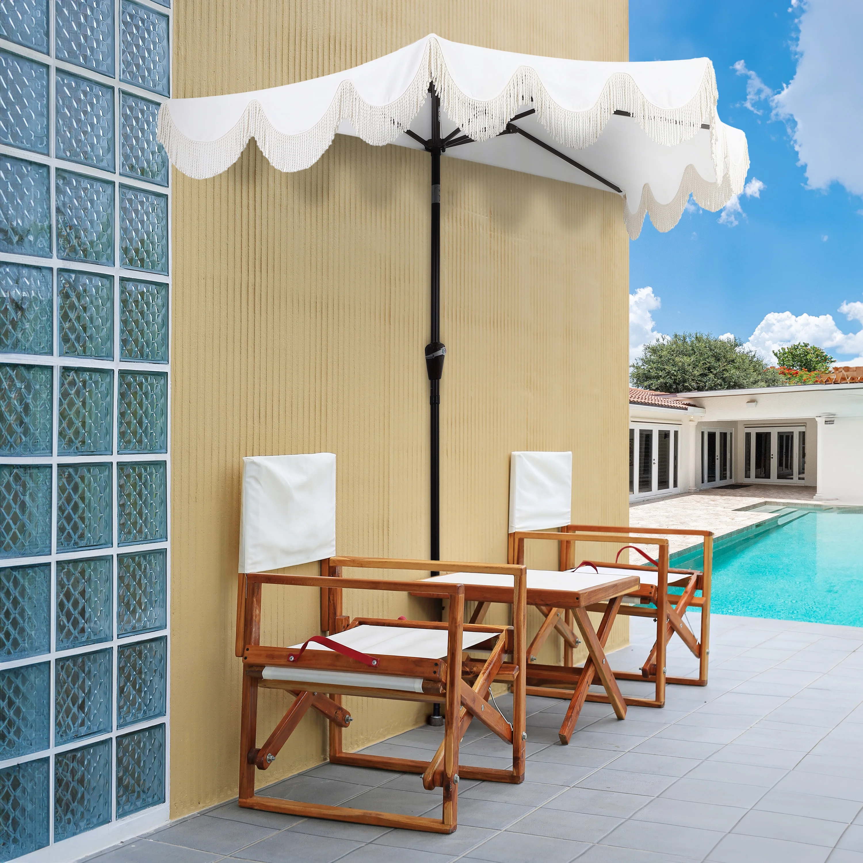 JONATHAN Y Beverly 9 ft. Half Market Patio Umbrella, Designer Classic Scalloped Fringe with Crank, Tilt Button and UV Protection, Blue/White/Cream, Dark Brown Pole - Image 46