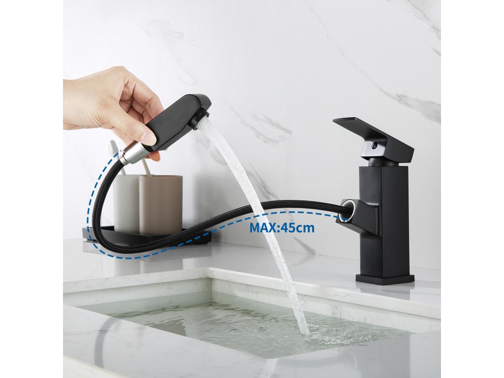 Grifo Mezclador Lavabo con Ducha Extractibel,Negro, Altura 187mm+Cepillo WC Suspendido con Soporte de Cepillo, Acero INOX,Negro