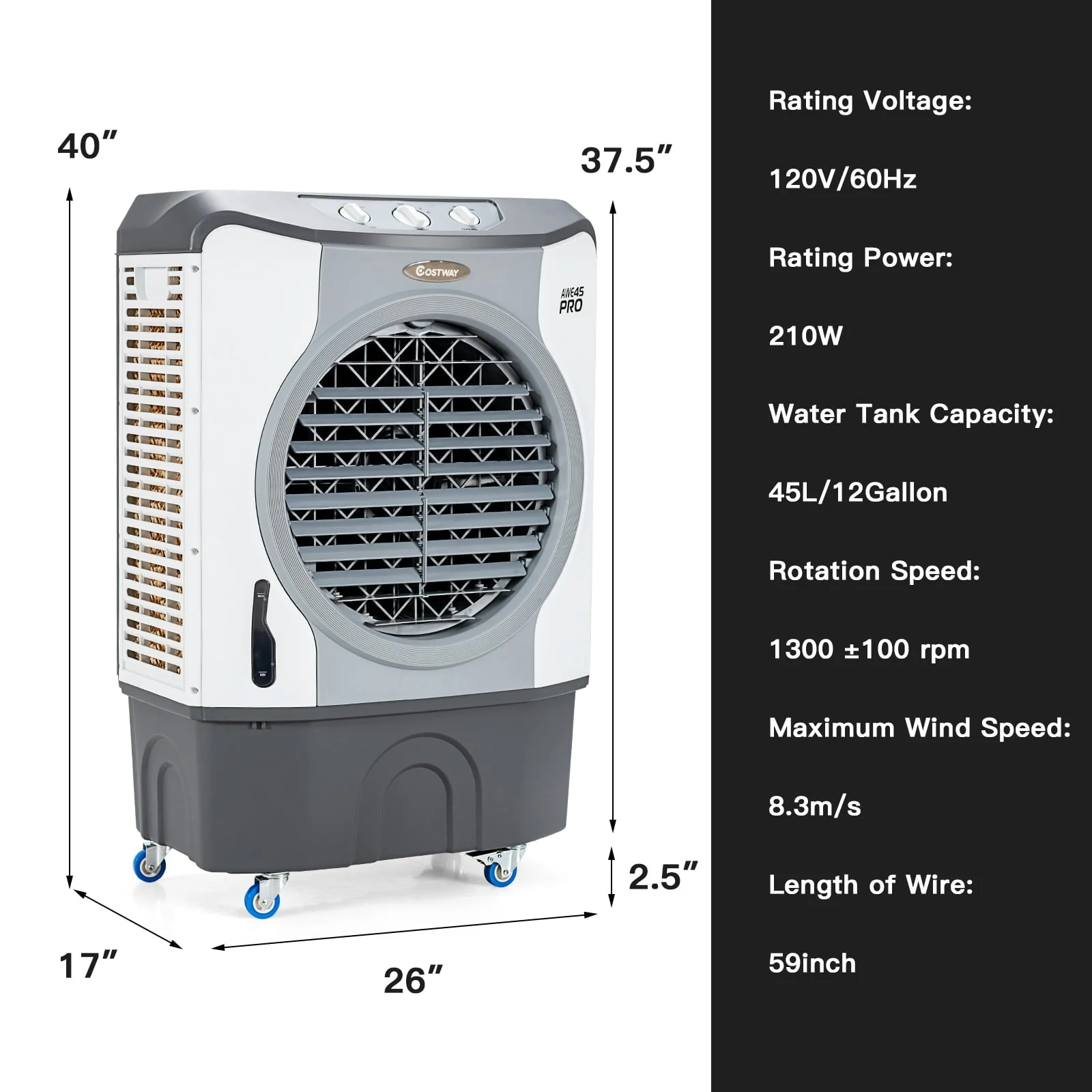 45L Evaporative Air Cooler 3-in-1 Swamp Cooler w/Large Water Tank & Washable Filter - Image 5