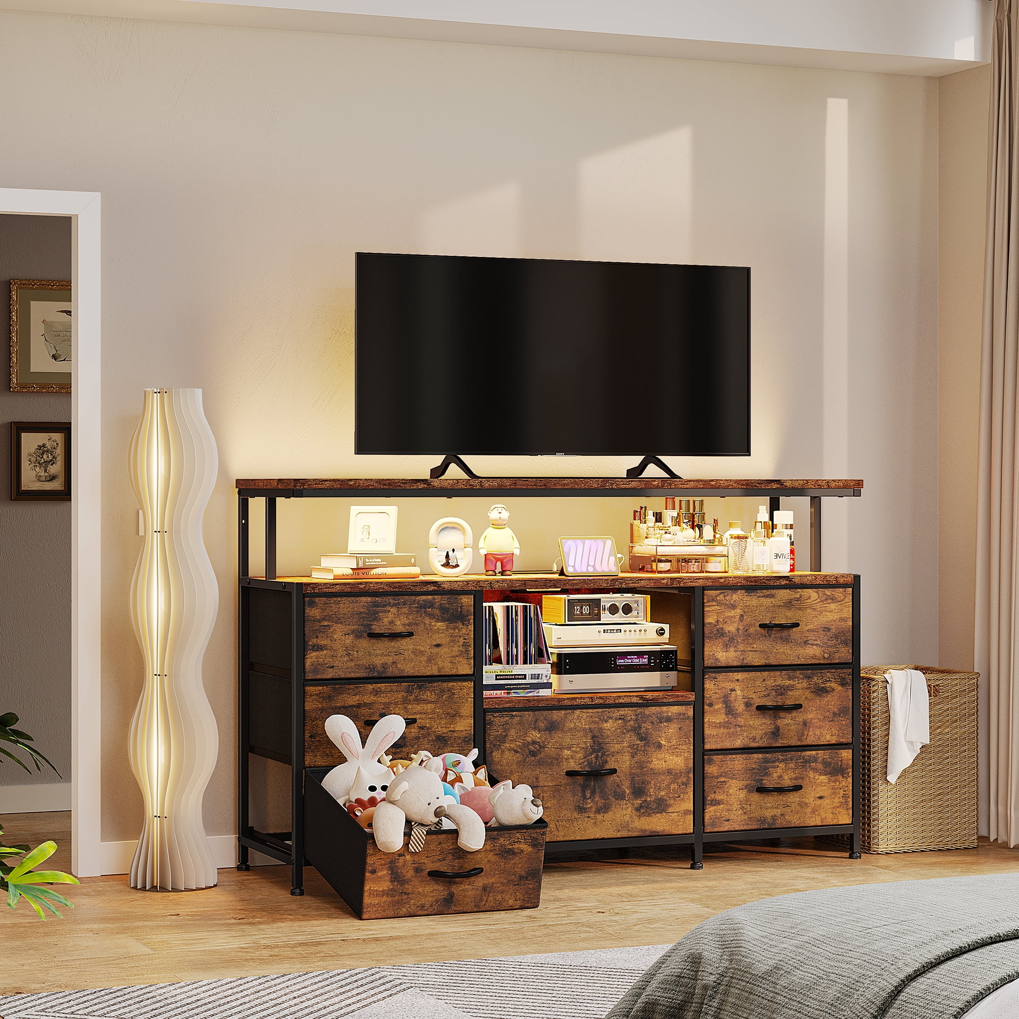 EnHomee Dressers for bedroom TV Stand with Power Outlets &LED Lights Wide Dresser with 10 Drawers&Side Pockets & Hook Fabric Chest of Drawers,Black - Image 15