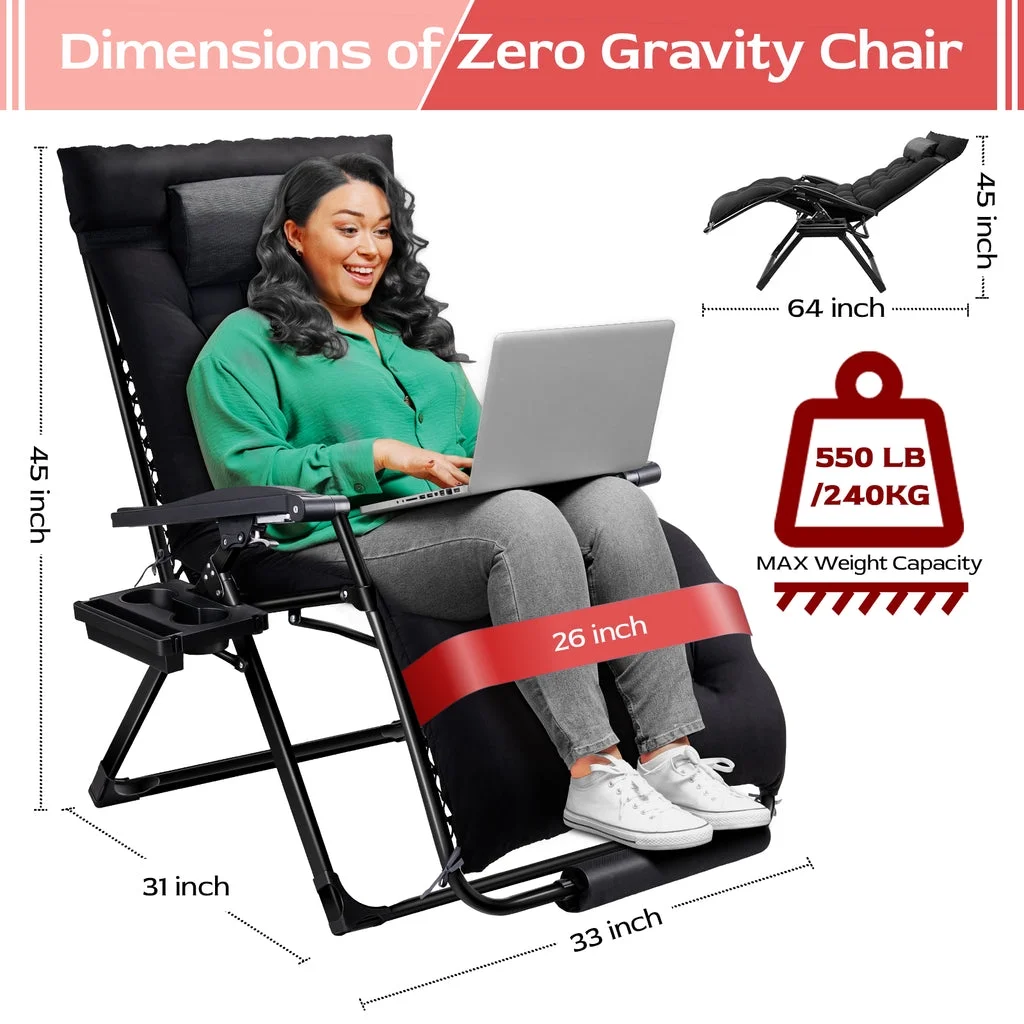 VECUKTY XXL Oversize Zero Gravity Chair - 500lb Capacity, 33-Inch Wide Padded Seat, Folding Travel Recliner for Outdoor / Indoor Use - Patio, Lawn, Black, Portable and Heavy Duty - Image 2