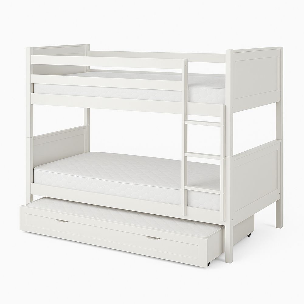 Cama litera blanca con cajón,estructura de madera,ideal para habitaciones infantiles