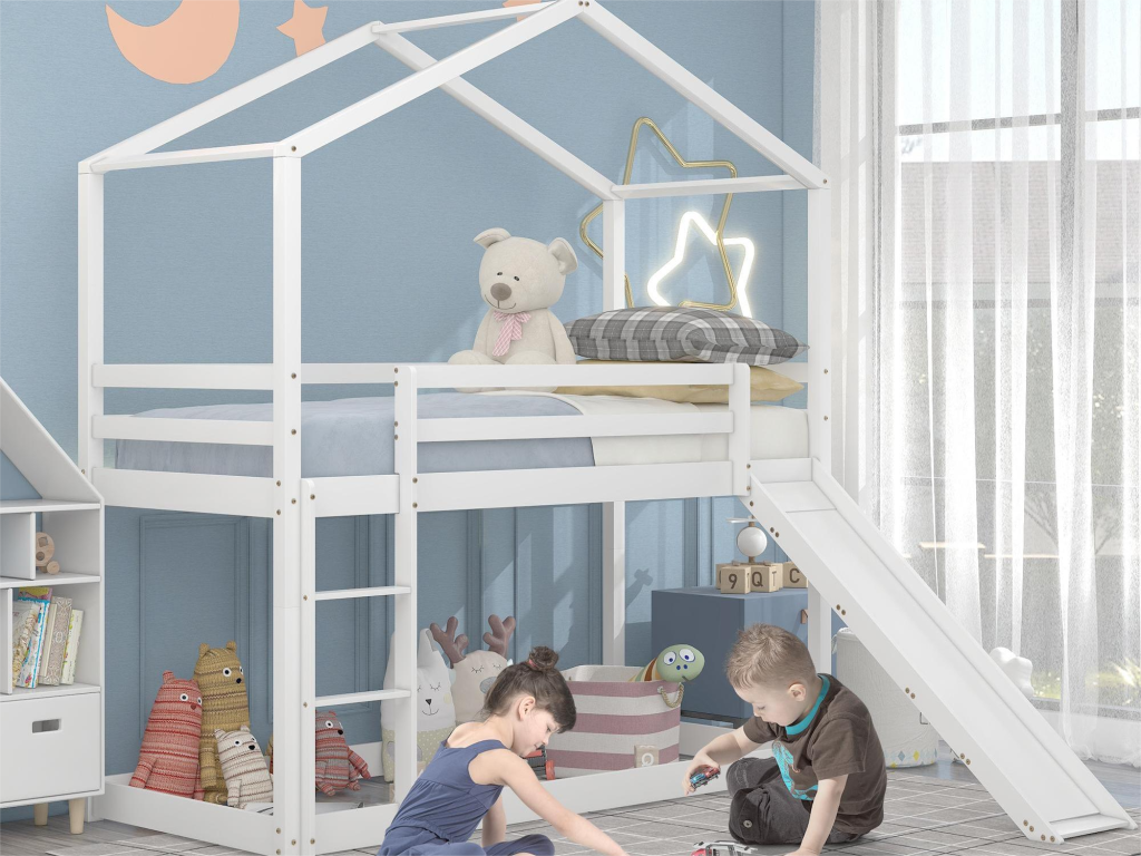 Litera infantil con tobogán - 90 x 200 cm - madera maciza - somier de láminas sólo arriba - blanco