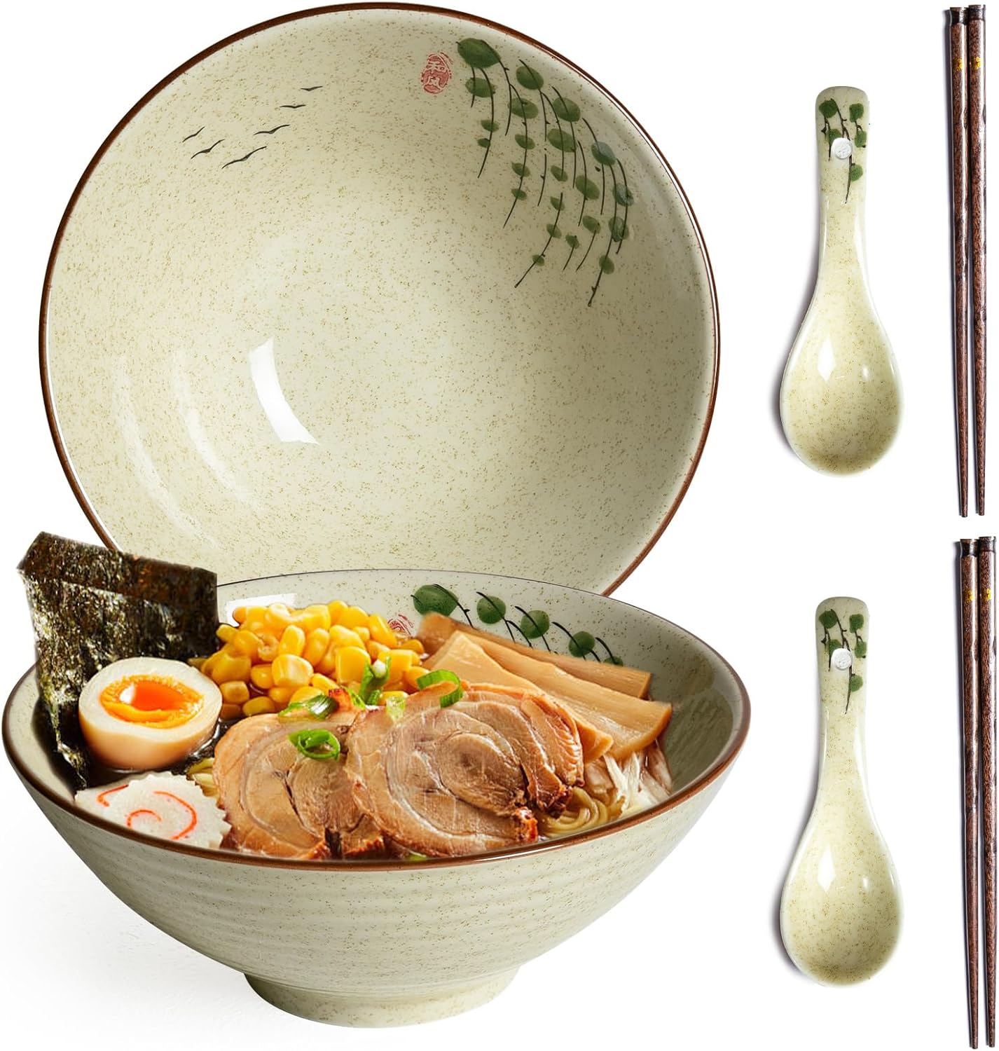 Ceramic Ramen Bowl Set of 2, 40oz Japanese Noodle Bowls with Spoons & Chopsticks Porcelain Large Soup Bowl for Pho, Udon, Retro Style Tableware Microwave & Dishwasher Safe, Fish