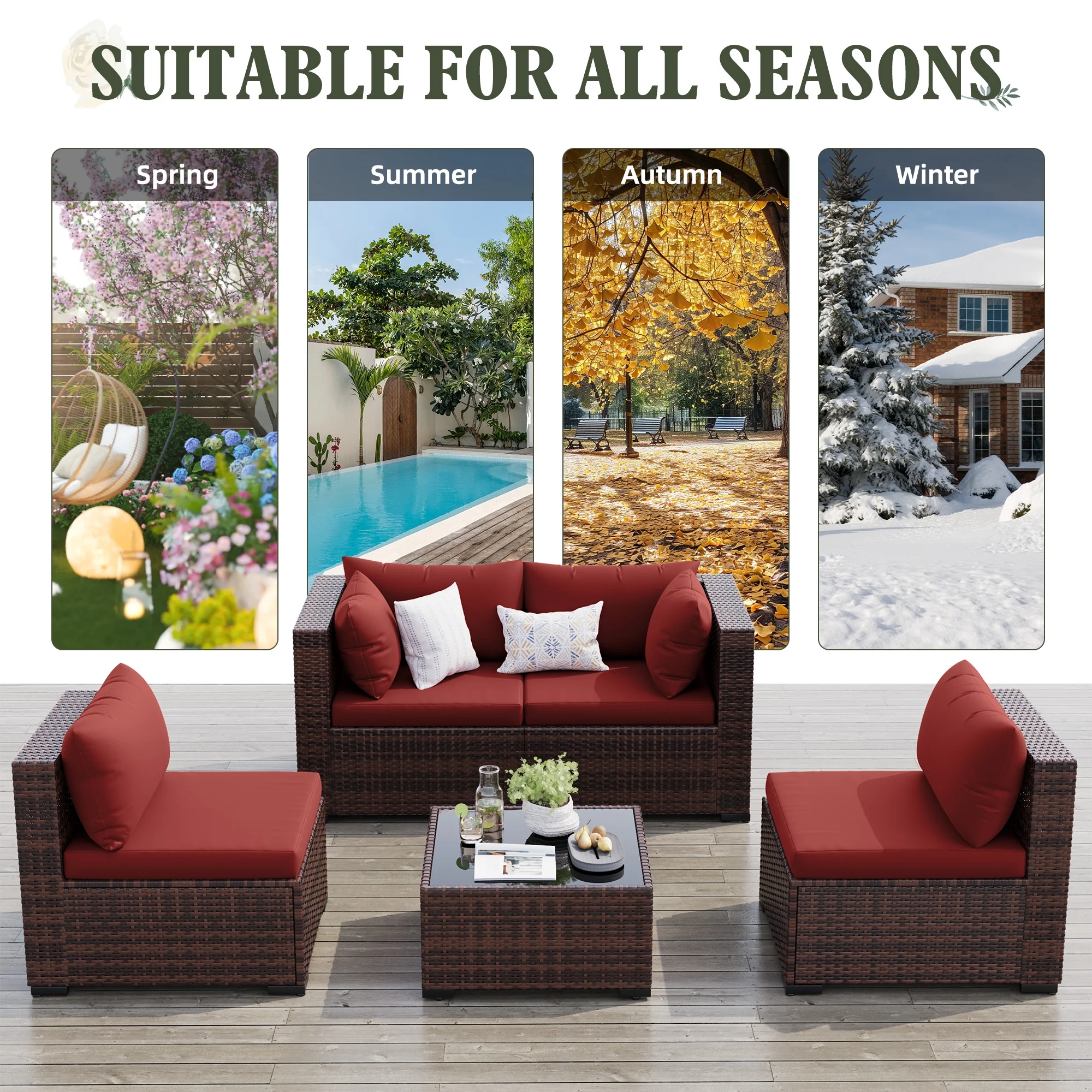 MRUAKA 8 Pieces Patio Furniture Set with Fire Pit Table, Outdoor Furniture Sectional Rattan Sofa with Slanted Back, Patio Couch with Glass Coffee Table for Backyard Garden (Dark Grey) - Image 42