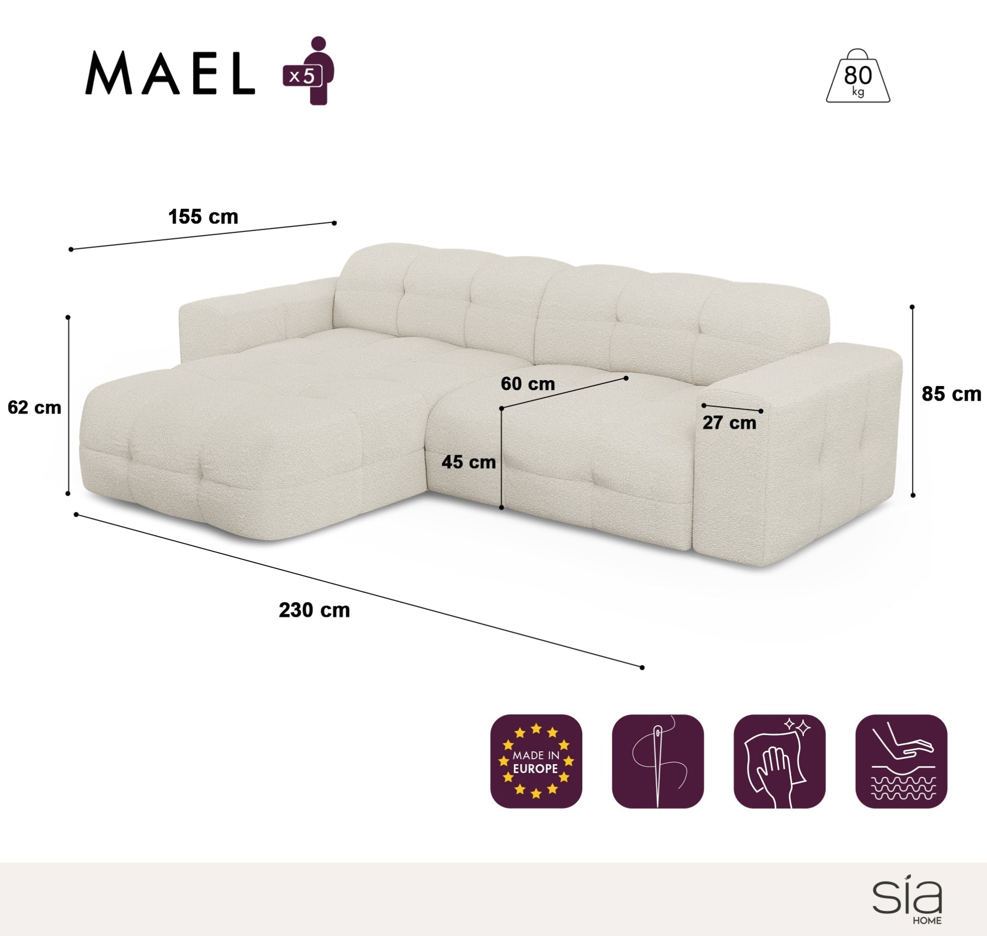 Hoekbanken links MAEL 5 personen Fluweel Crème