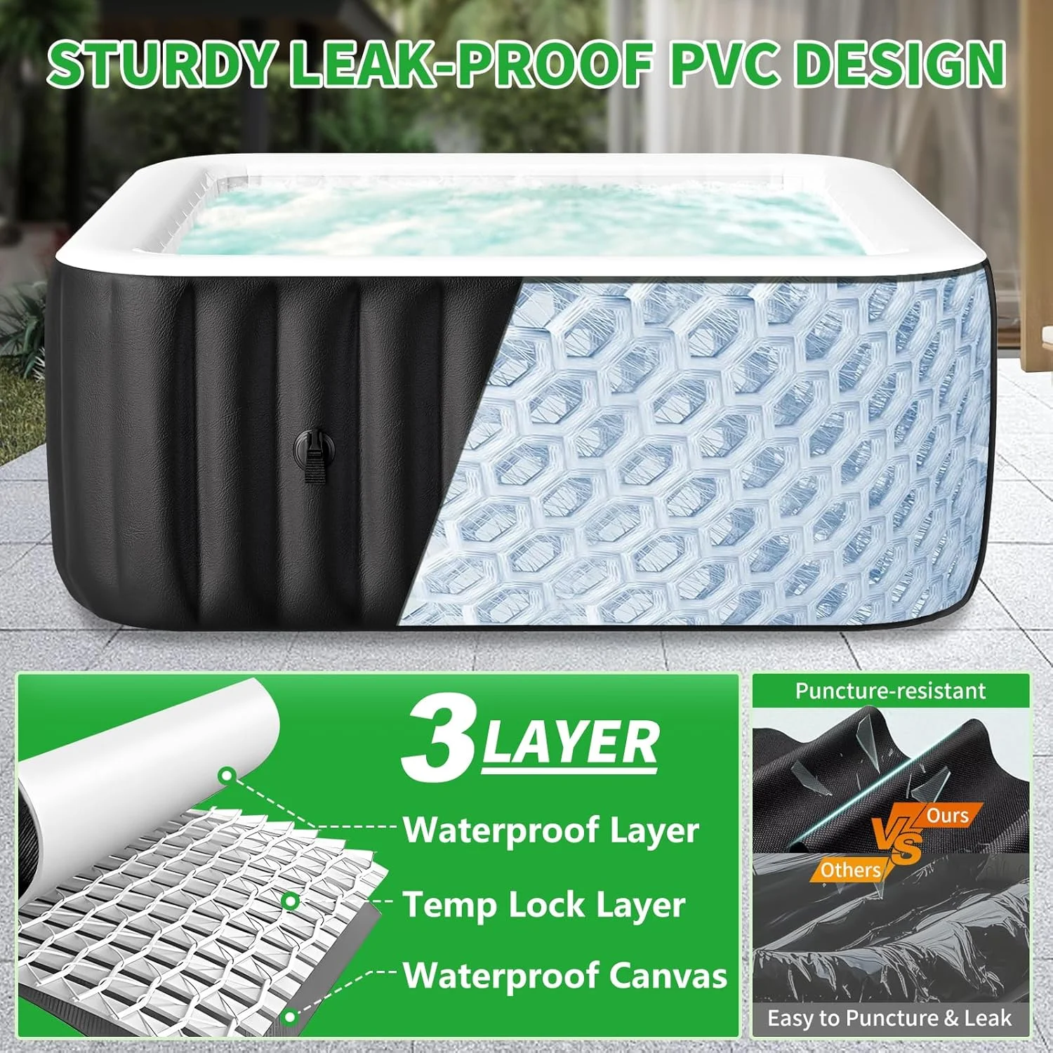 Sunyrisy 4-6 Person Inflatable Hot Tub, Square Blow Up Portable Hot Tub, Leak-Proof PVC Outdoor Spa with 130 Strong Air Jets, Heater Pump and Insulated Cover, 73- X 73-X 25- - Image 6